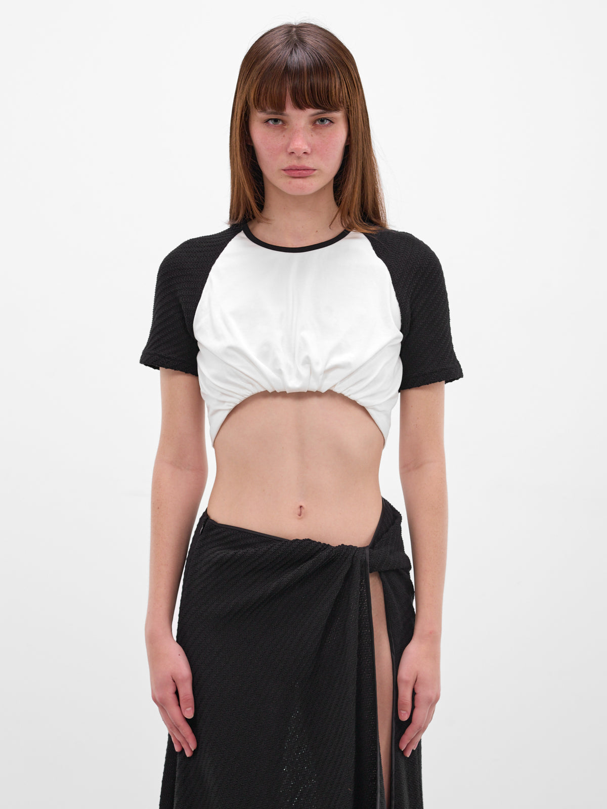White Tucked Crop Ringer Tee (25041549-BLACK-WHITE)