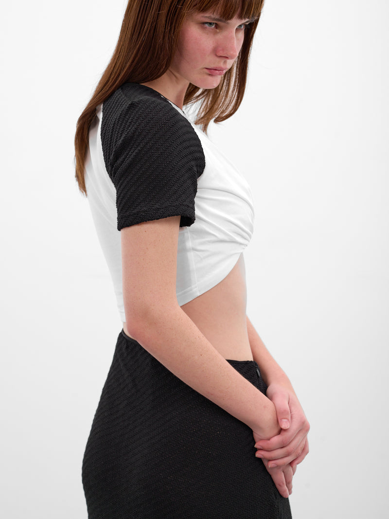 White Tucked Crop Ringer Tee (25041549-BLACK-WHITE)