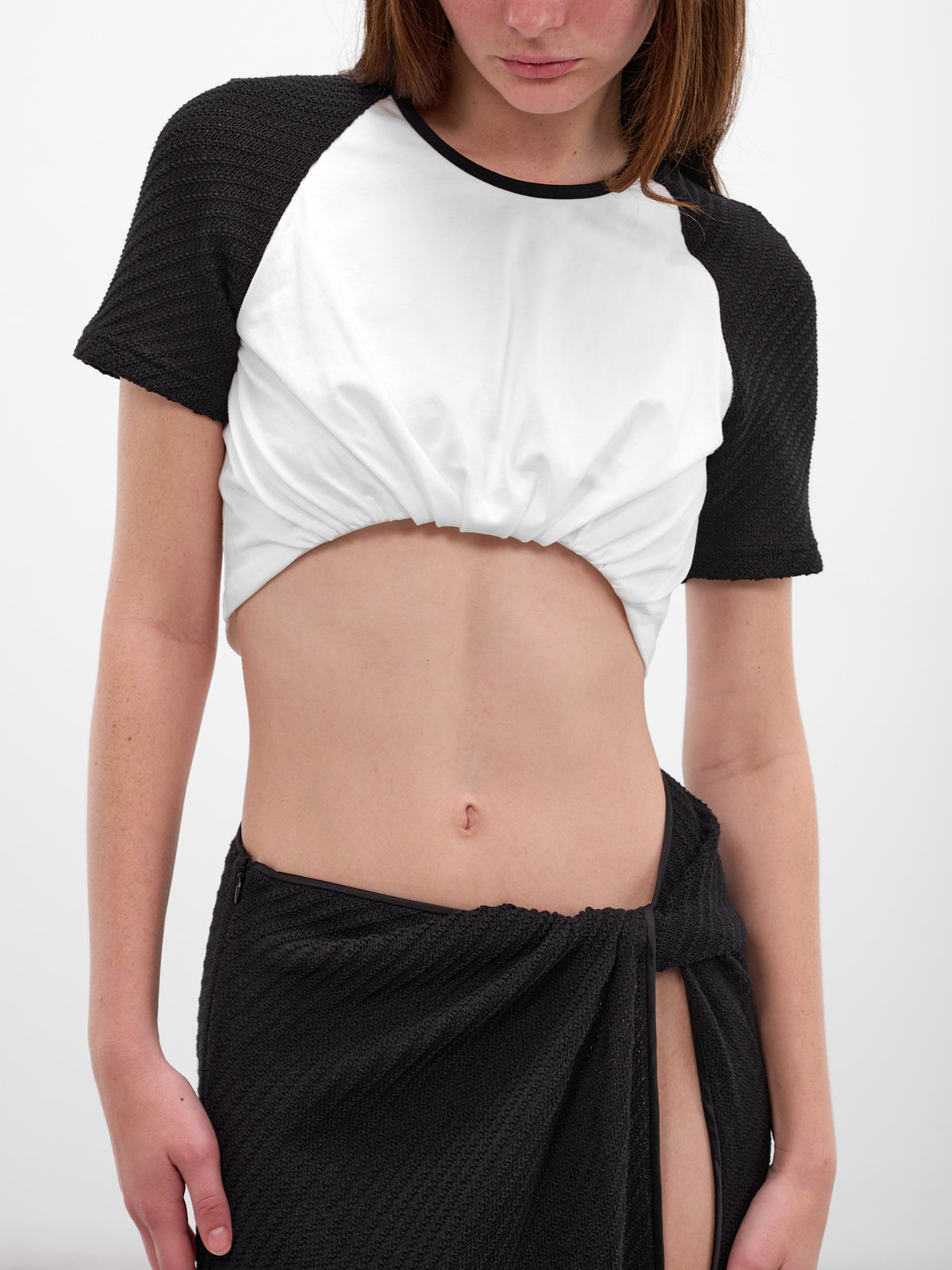 White Tucked Crop Ringer Tee (25041549-BLACK-WHITE)