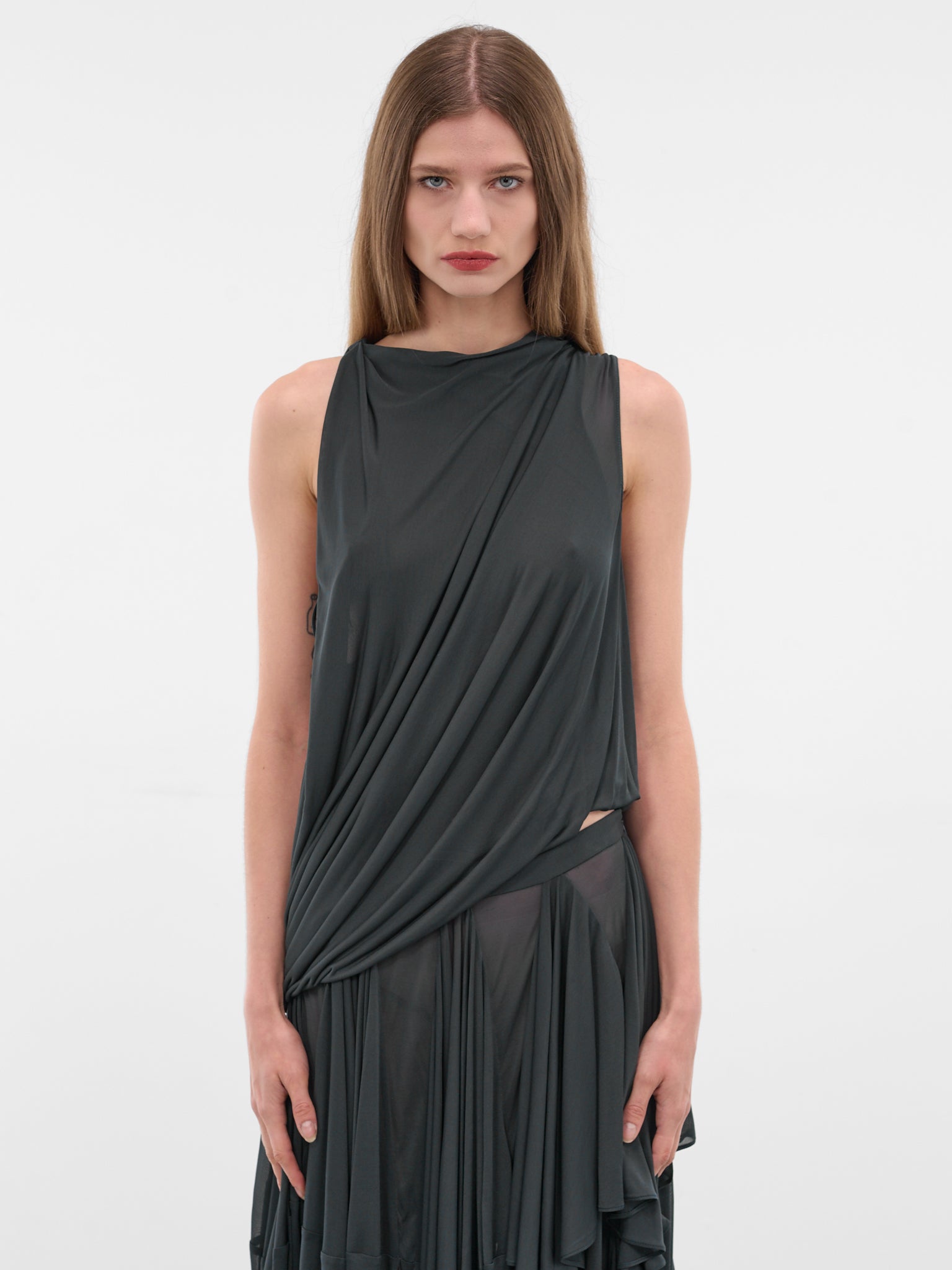 Licorice Draped Silk Asymmetric Top (25041850-LIQUORICE)