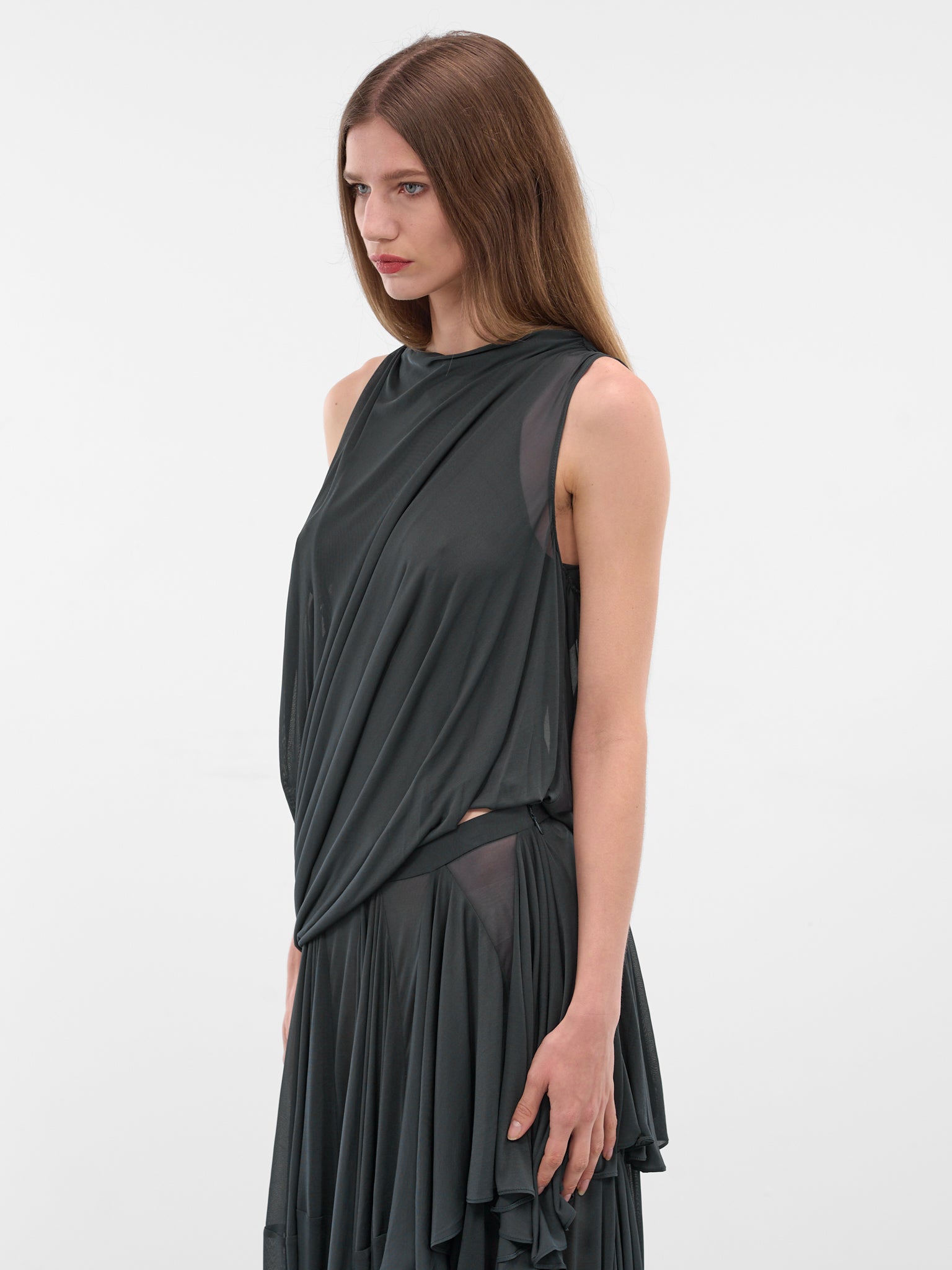 Licorice Draped Silk Asymmetric Top (25041850-LIQUORICE)