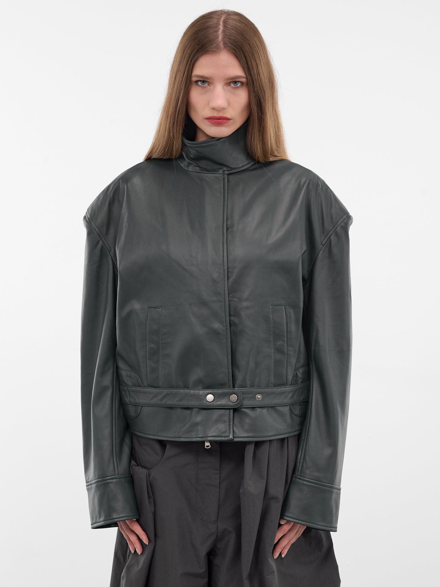 Licorice Lamb Leather Bomber Jacket (25046106-LIQUORICE)
