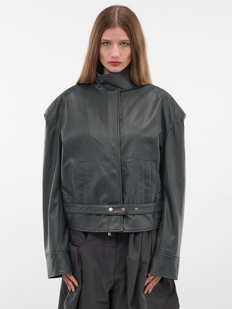 Licorice Lamb Leather Bomber Jacket (25046106-LIQUORICE)