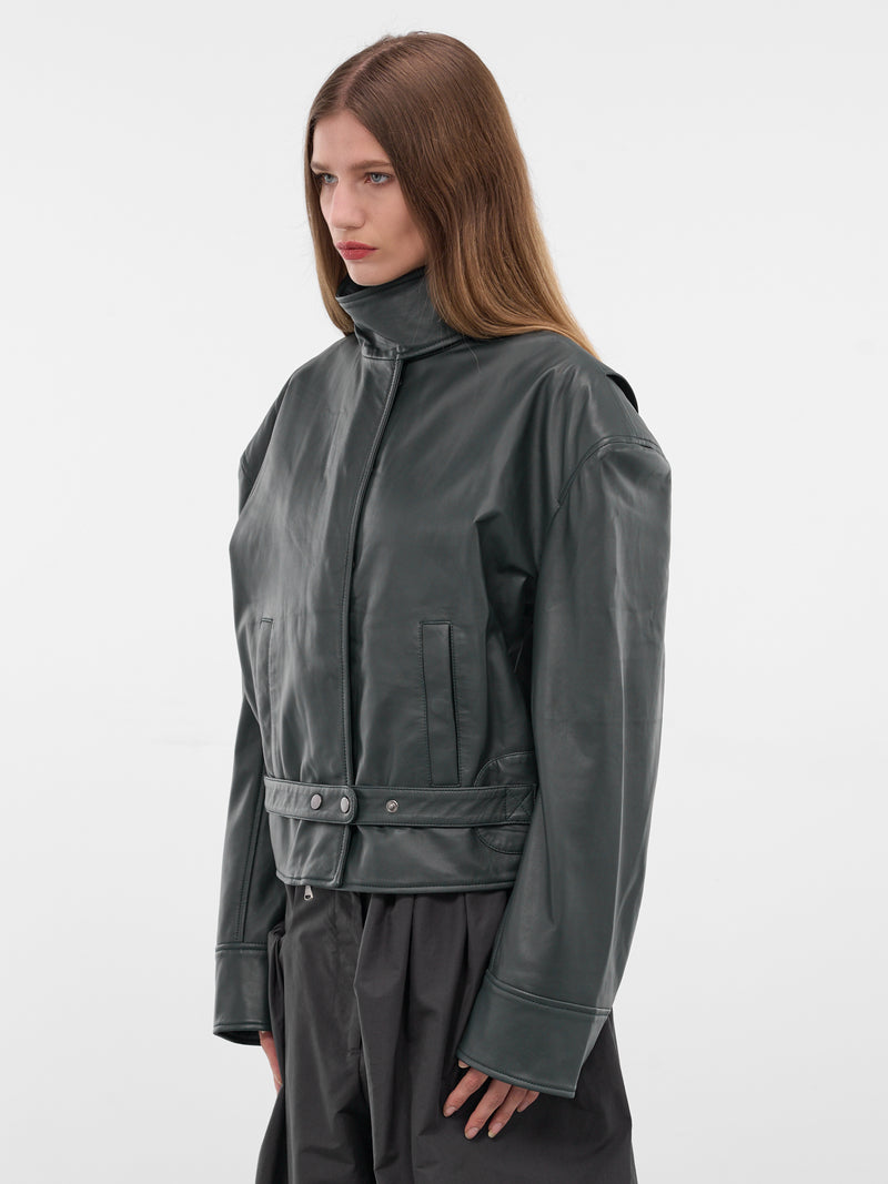 Licorice Lamb Leather Bomber Jacket (25046106-LIQUORICE)