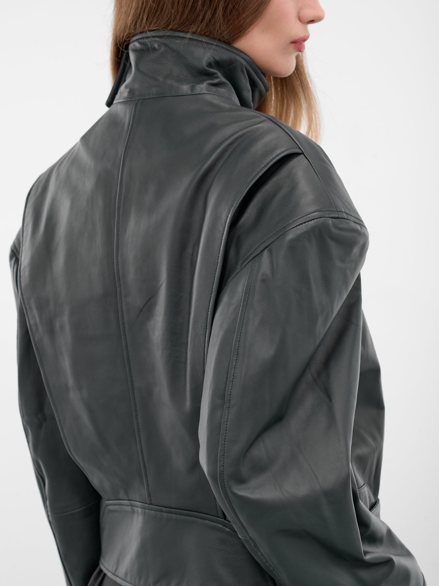 Licorice Lamb Leather Bomber Jacket (25046106-LIQUORICE)