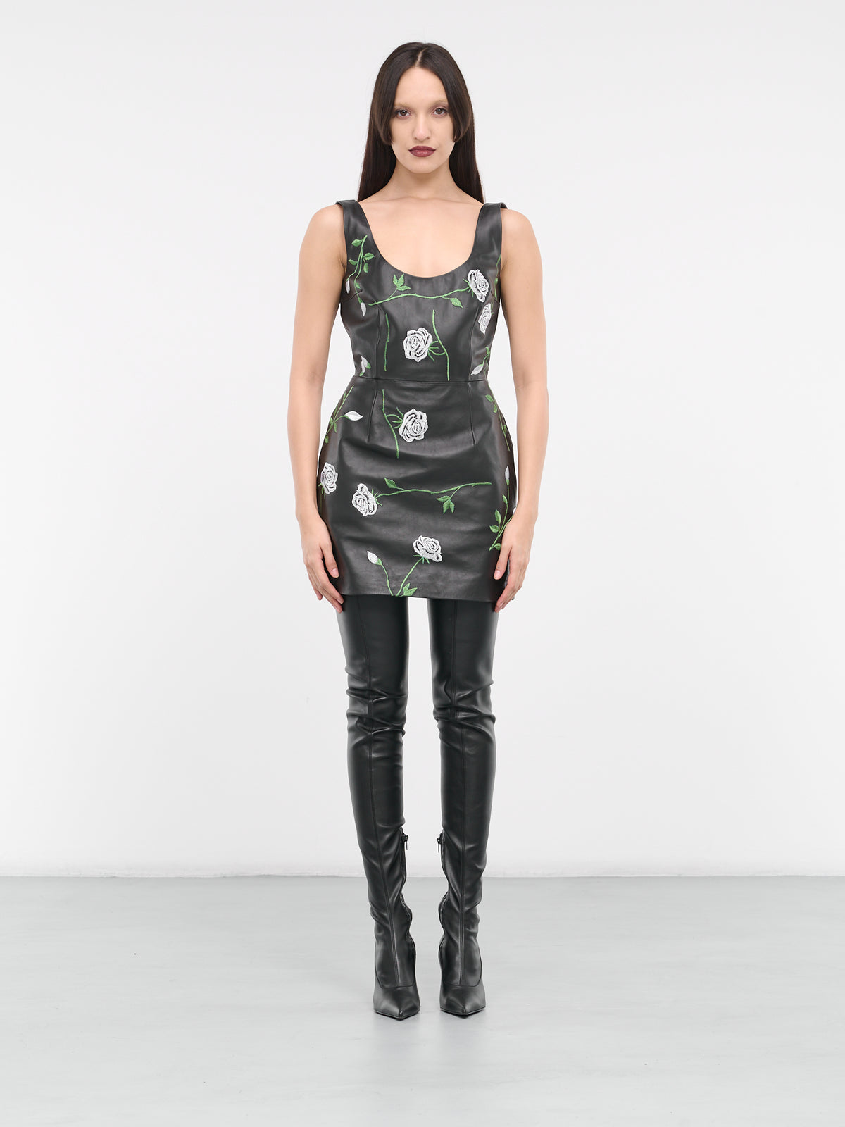 Floral Embroidered Leather Dress (2514240000020-BLACK)