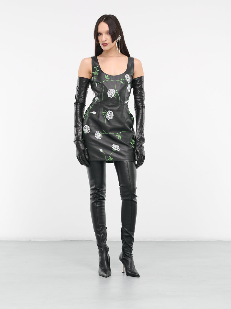 Floral Embroidered Leather Dress (2514240000020-BLACK)