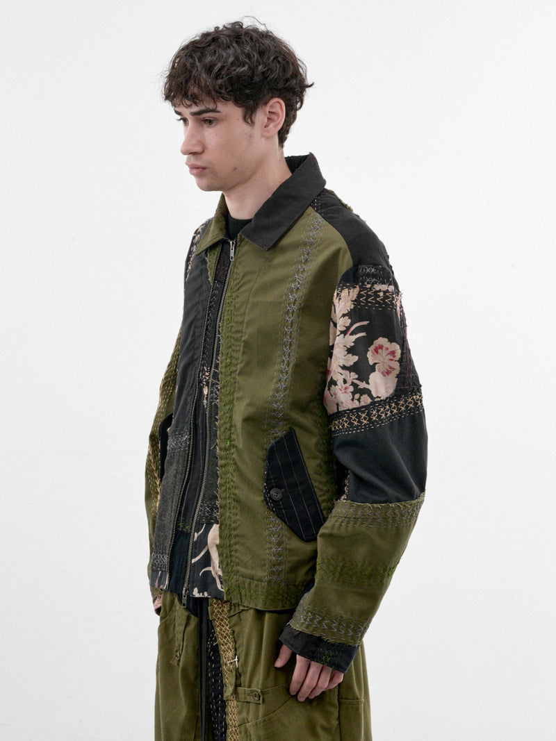 Patchwork Linen Double Zip Jacket (251486M-DARK-BLUE-GREEN-MULTI)