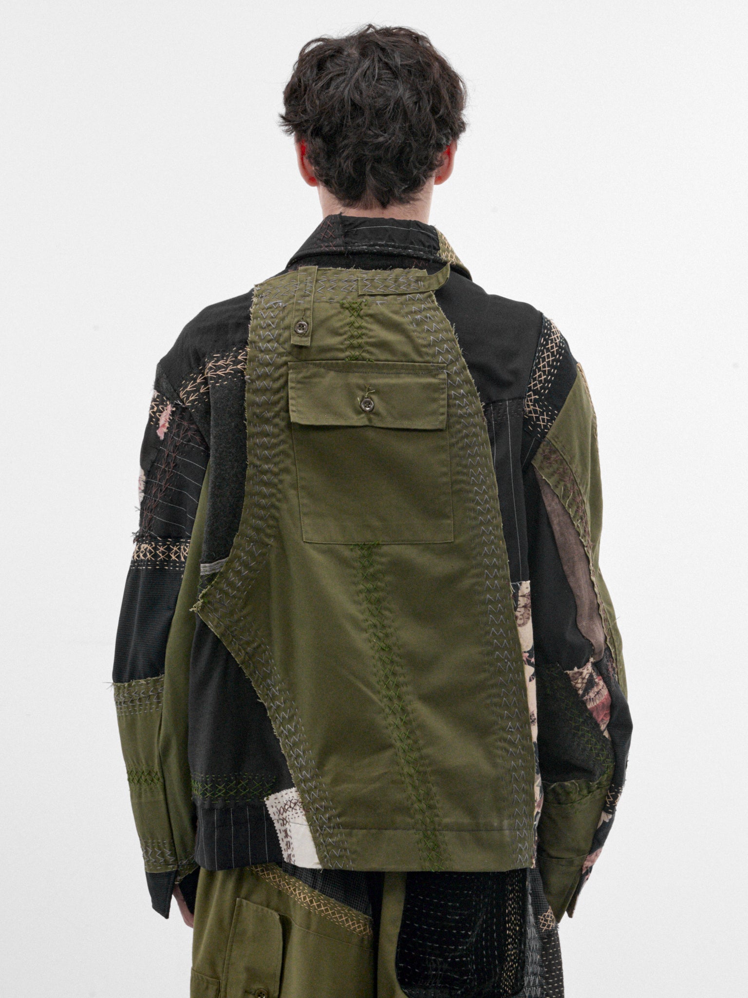 Patchwork Linen Double Zip Jacket (251486M-DARK-BLUE-GREEN-MULTI)