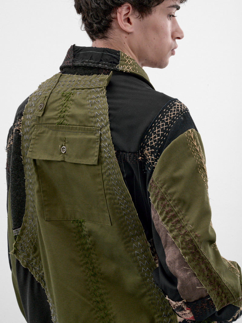 Patchwork Linen Double Zip Jacket (251486M-DARK-BLUE-GREEN-MULTI)