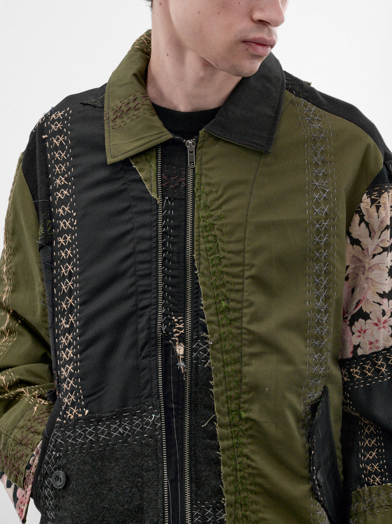 Patchwork Linen Double Zip Jacket (251486M-DARK-BLUE-GREEN-MULTI)