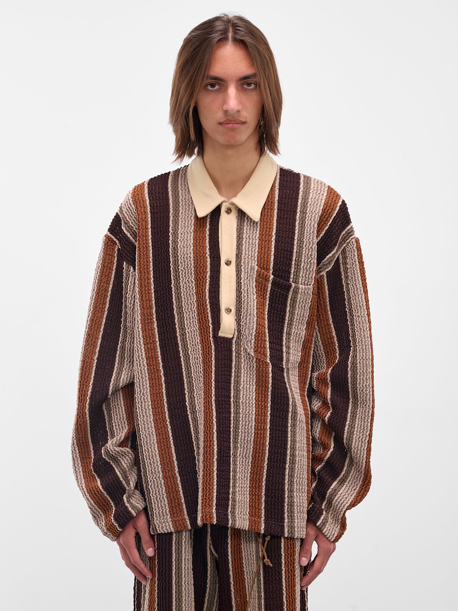 Brown Striped Long Sleeve Polo (252-MTL009-BEIGE-BROWN)
