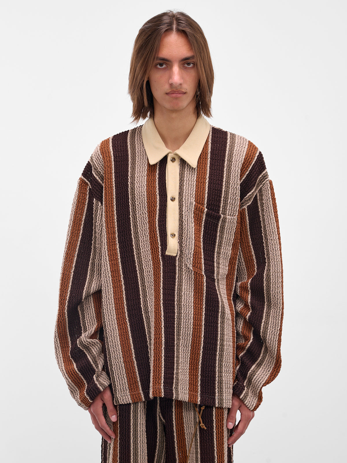 Brown Striped Long Sleeve Polo (252-MTL009-BEIGE-BROWN)