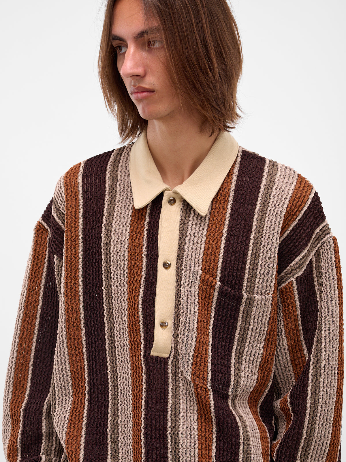 Brown Striped Long Sleeve Polo (252-MTL009-BEIGE-BROWN)