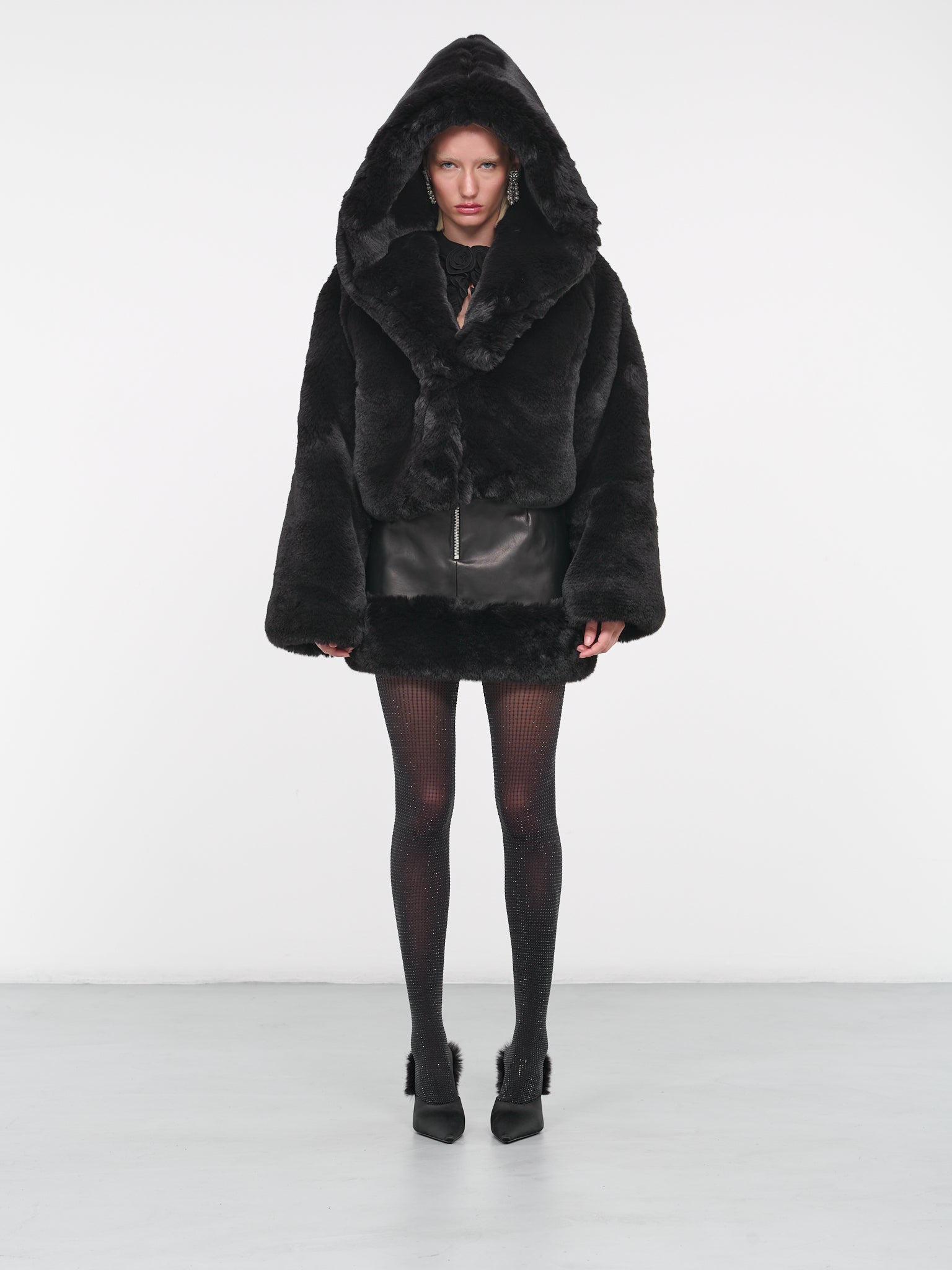 Faux Fur Trim Leather Mini Skirt (168923-BLACK)