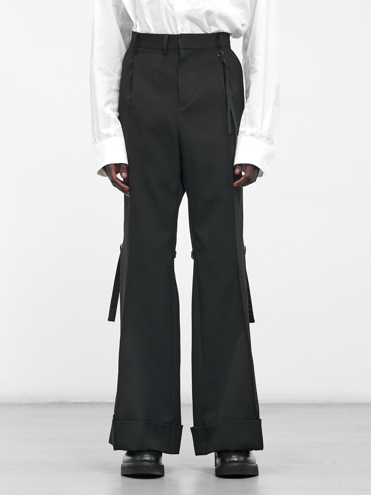 Black Wool Belted Flare Trousers (25A0261-BLACK)