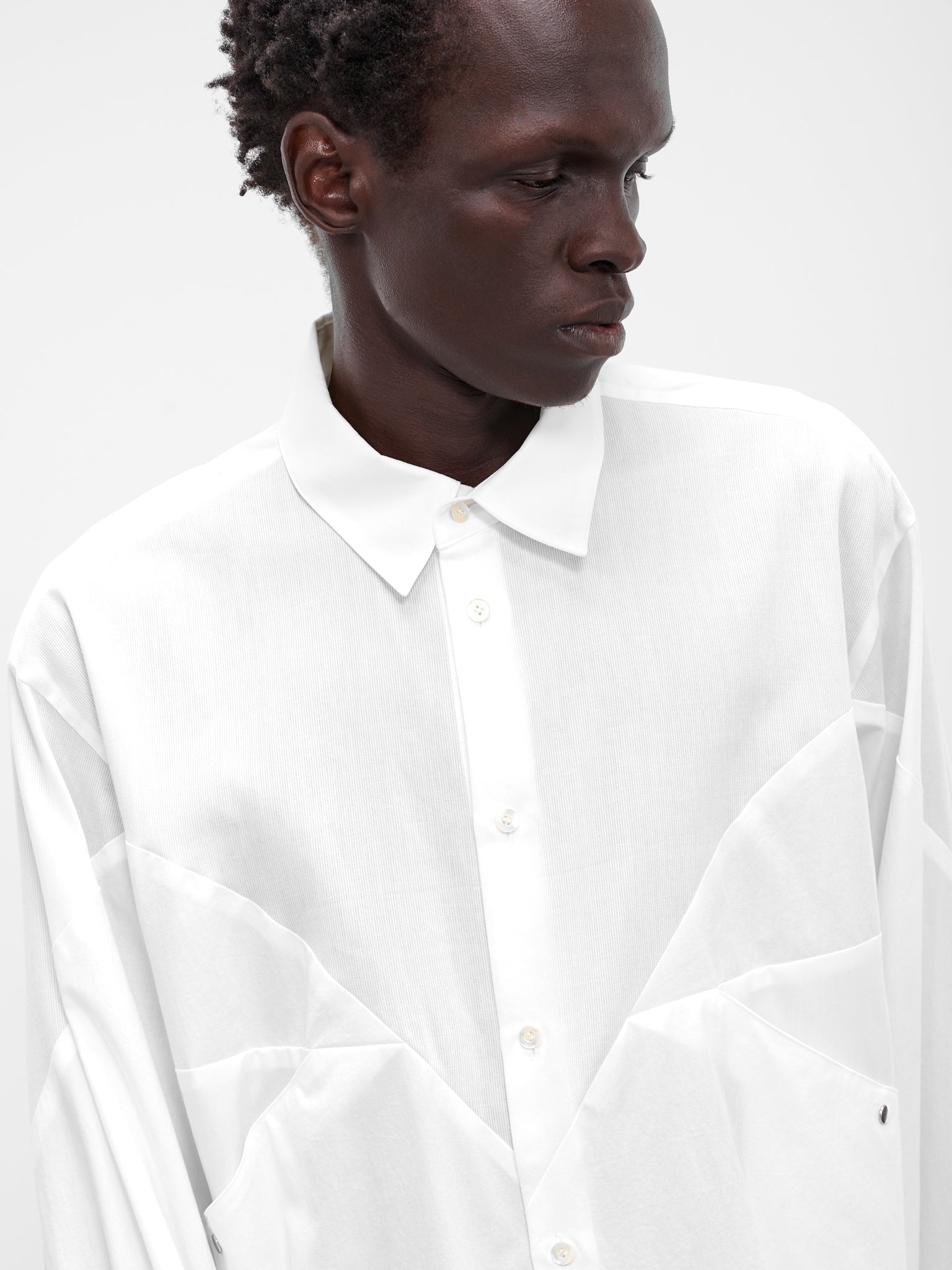 White Cotton Geometric Paneled Shirt (25A0275-WHITE)
