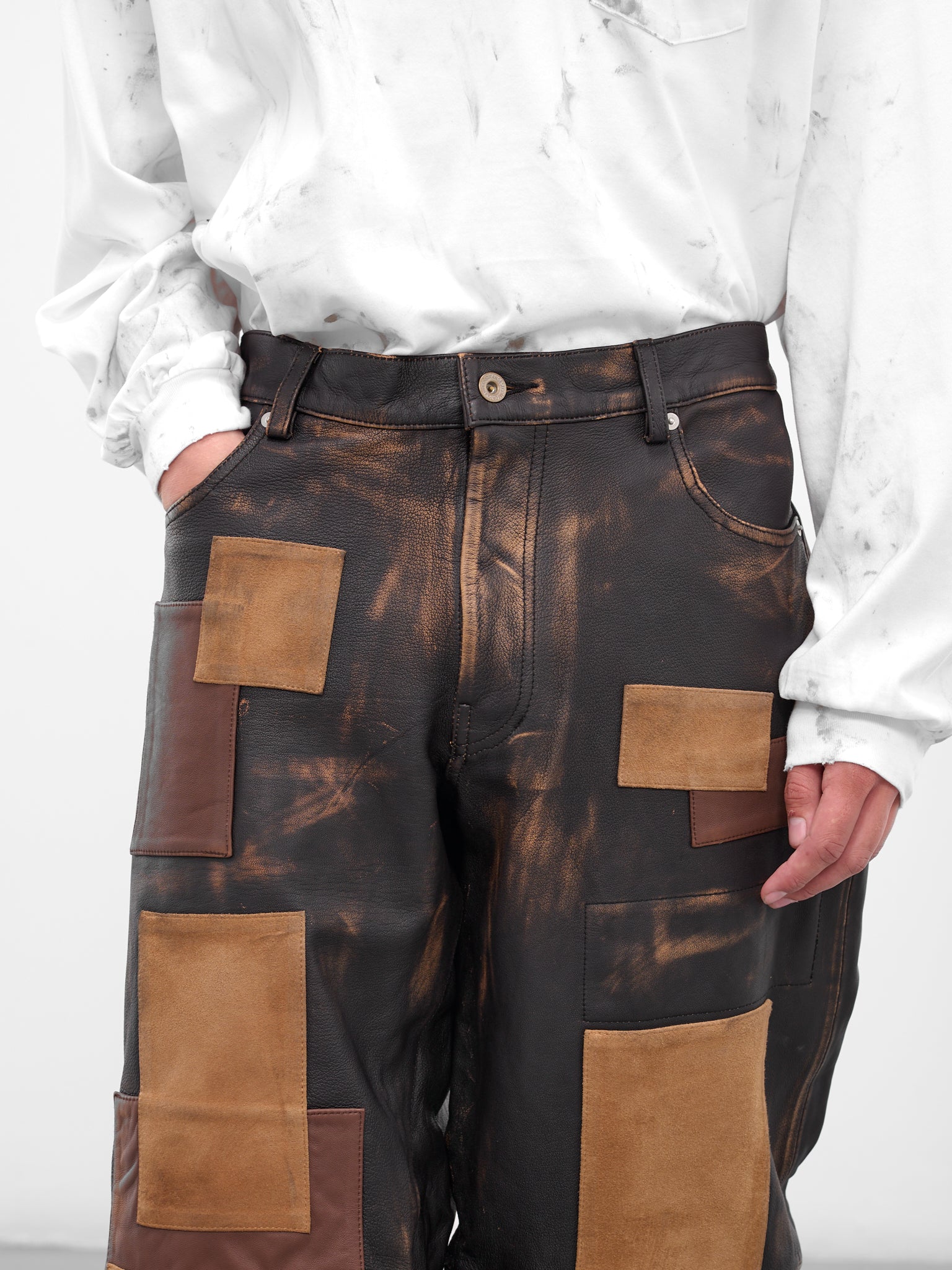 Worn Black Patchwork Leather Trousers (25AW09PT318-BLACK)