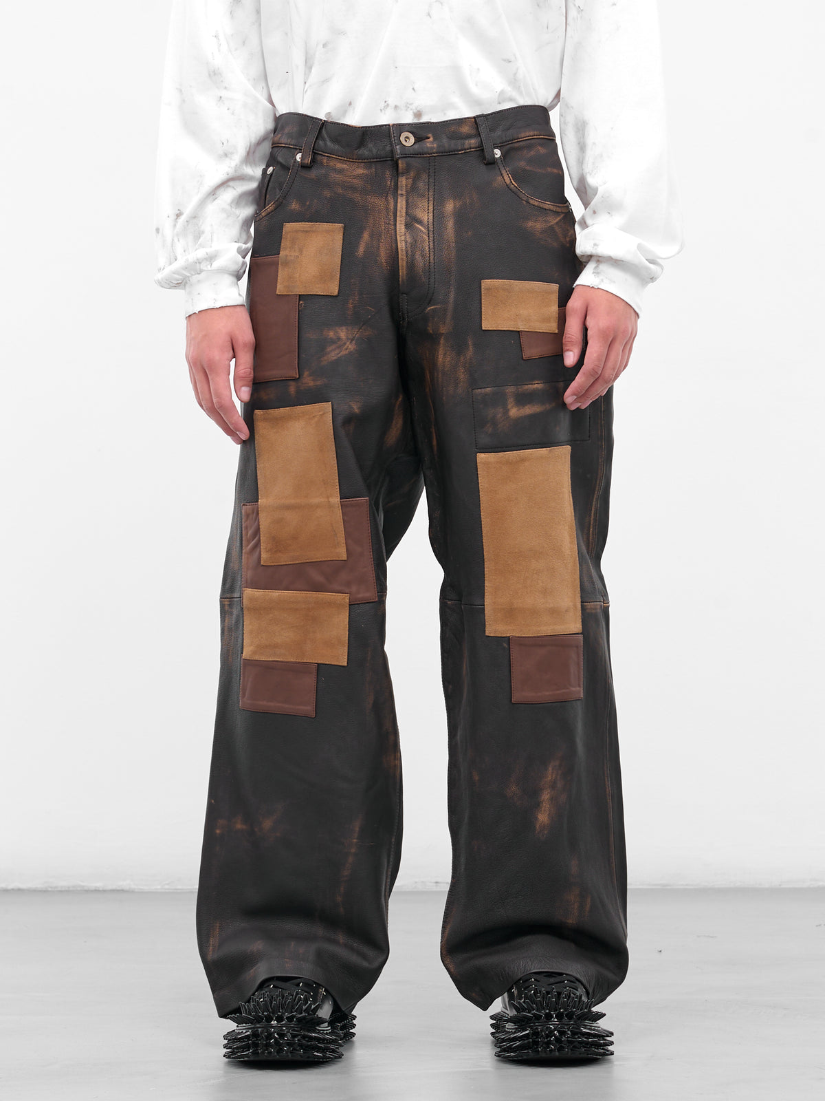 Worn Black Patchwork Leather Trousers (25AW09PT318-BLACK)