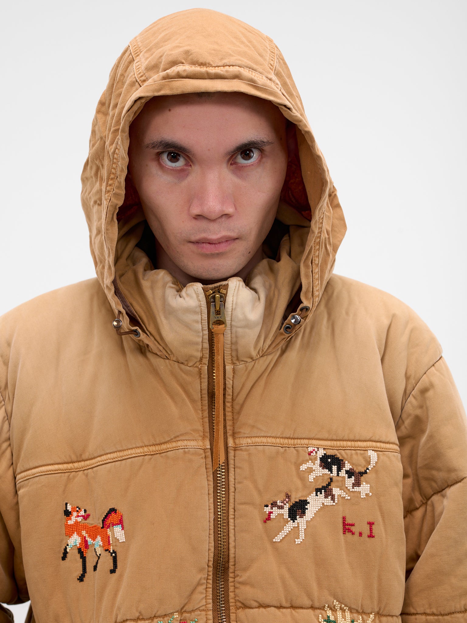 Embroidered Graphic Vintage Puffer Jacket (25FW-JK-07-BEIGE)