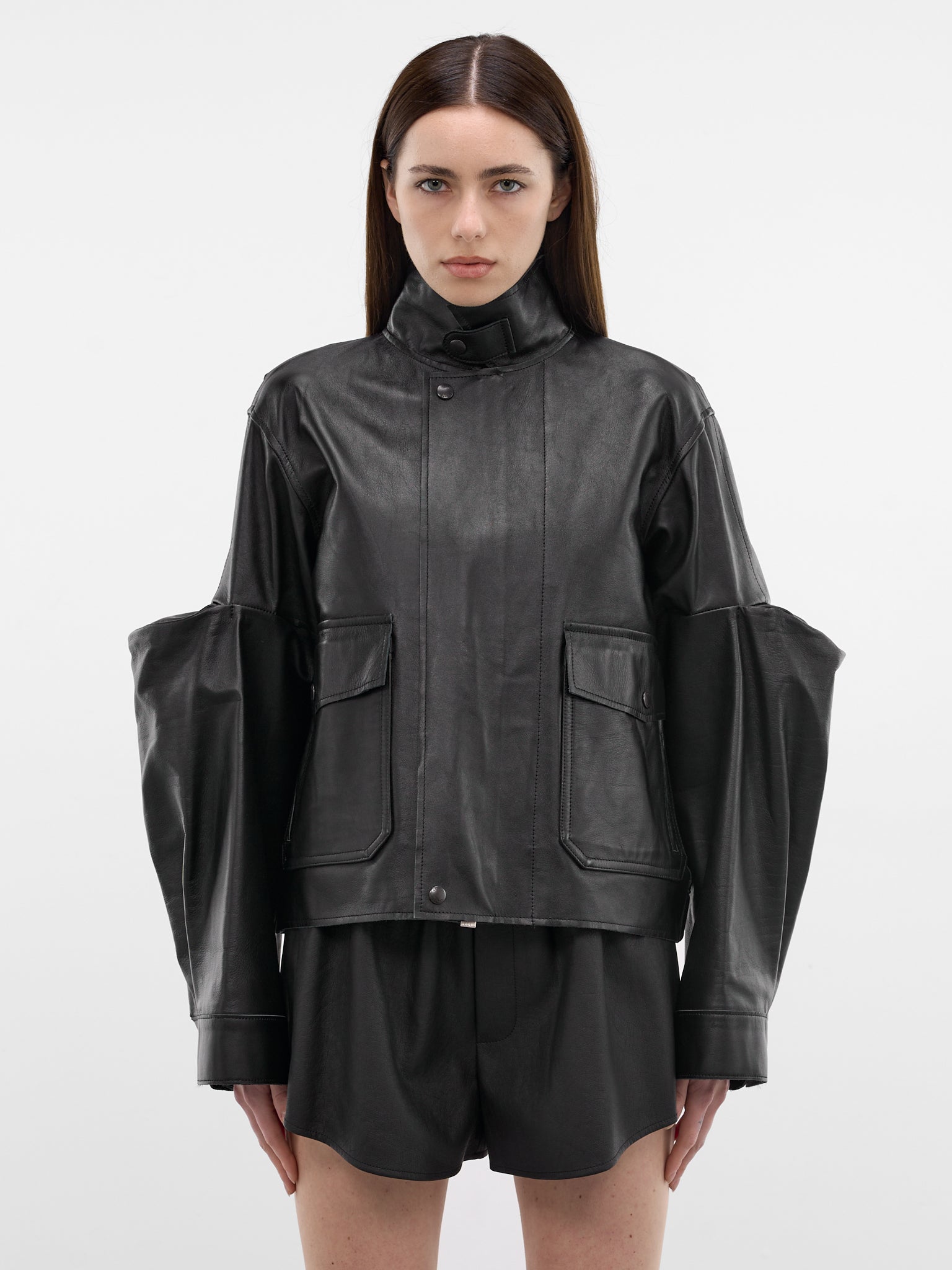 Black Leather 3D Sleeves Jacket (26-08295-001-BLACK)
