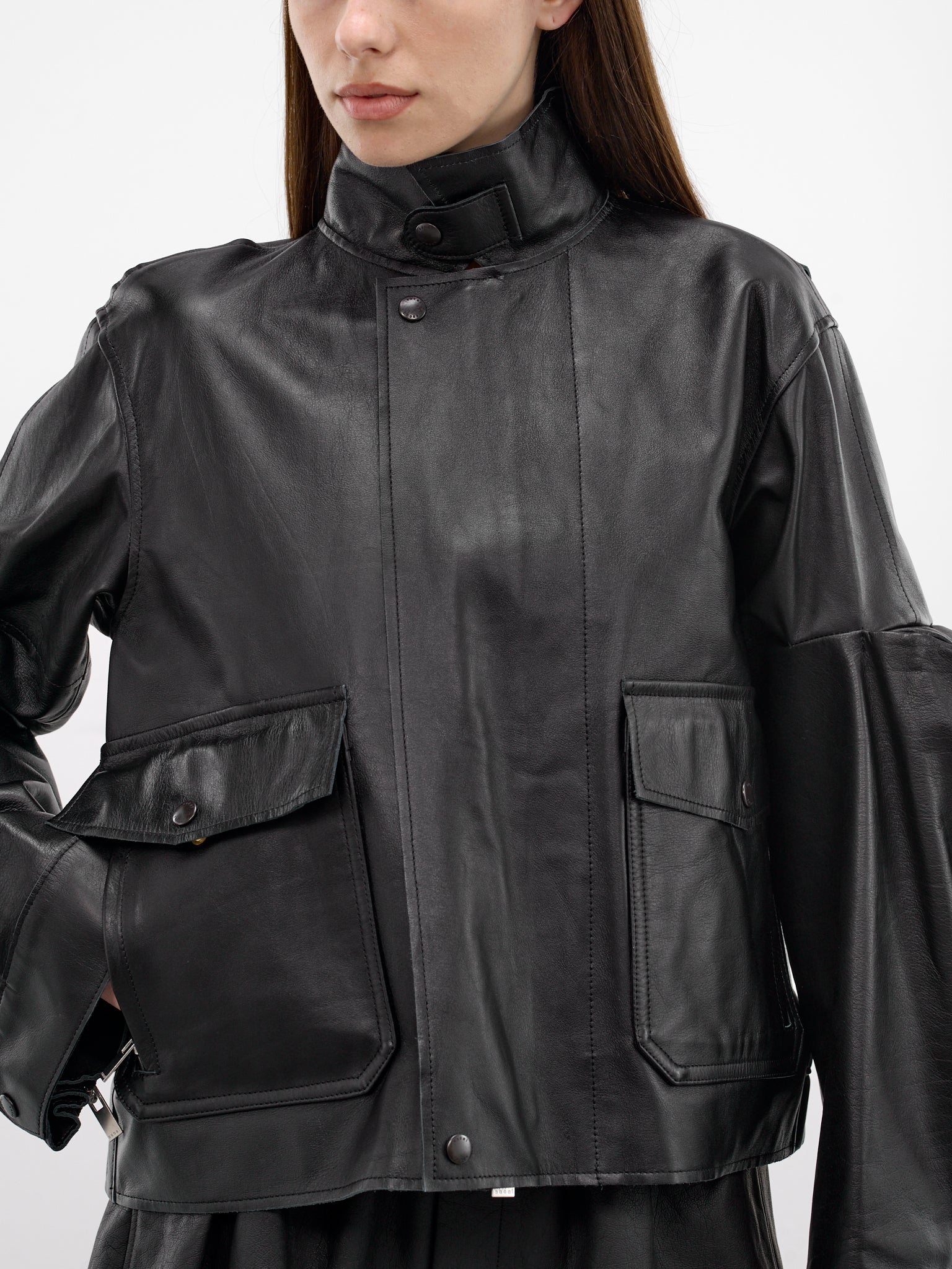 Black Leather 3D Sleeves Jacket (26-08295-001-BLACK)