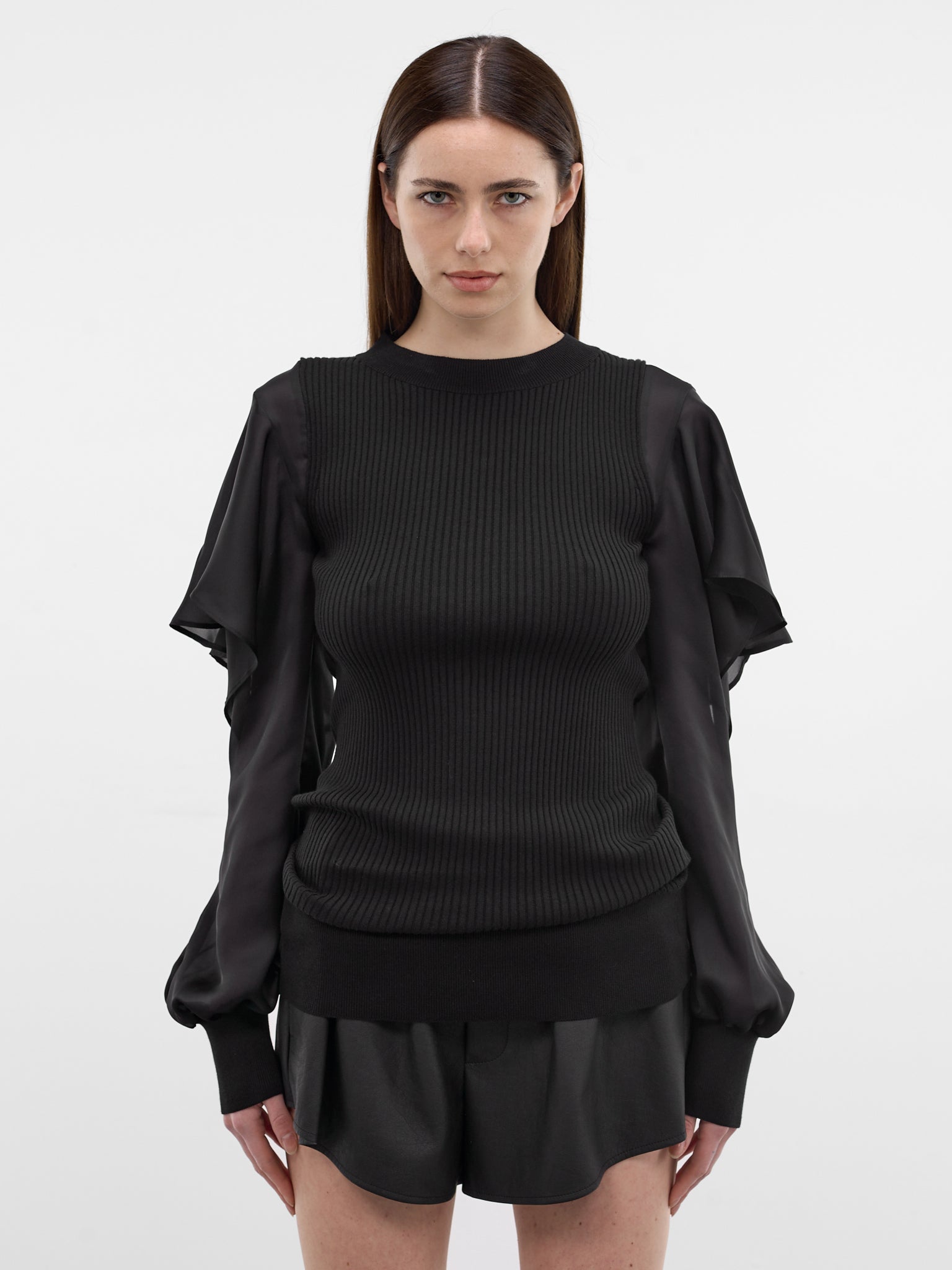 Cotton Knit Satin Sleeves Sweater (26-08336-001-BLACK)