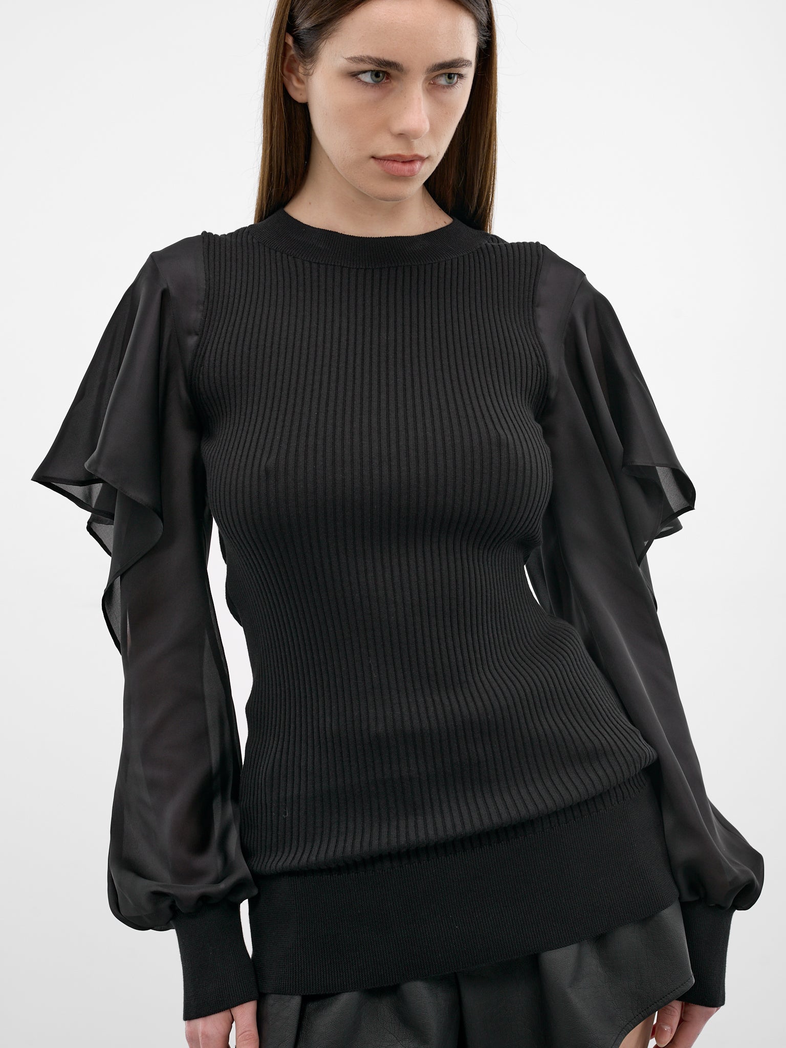 Cotton Knit Satin Sleeves Sweater (26-08336-001-BLACK)