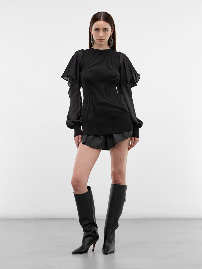 Cotton Knit Satin Sleeves Sweater (26-08336-001-BLACK)