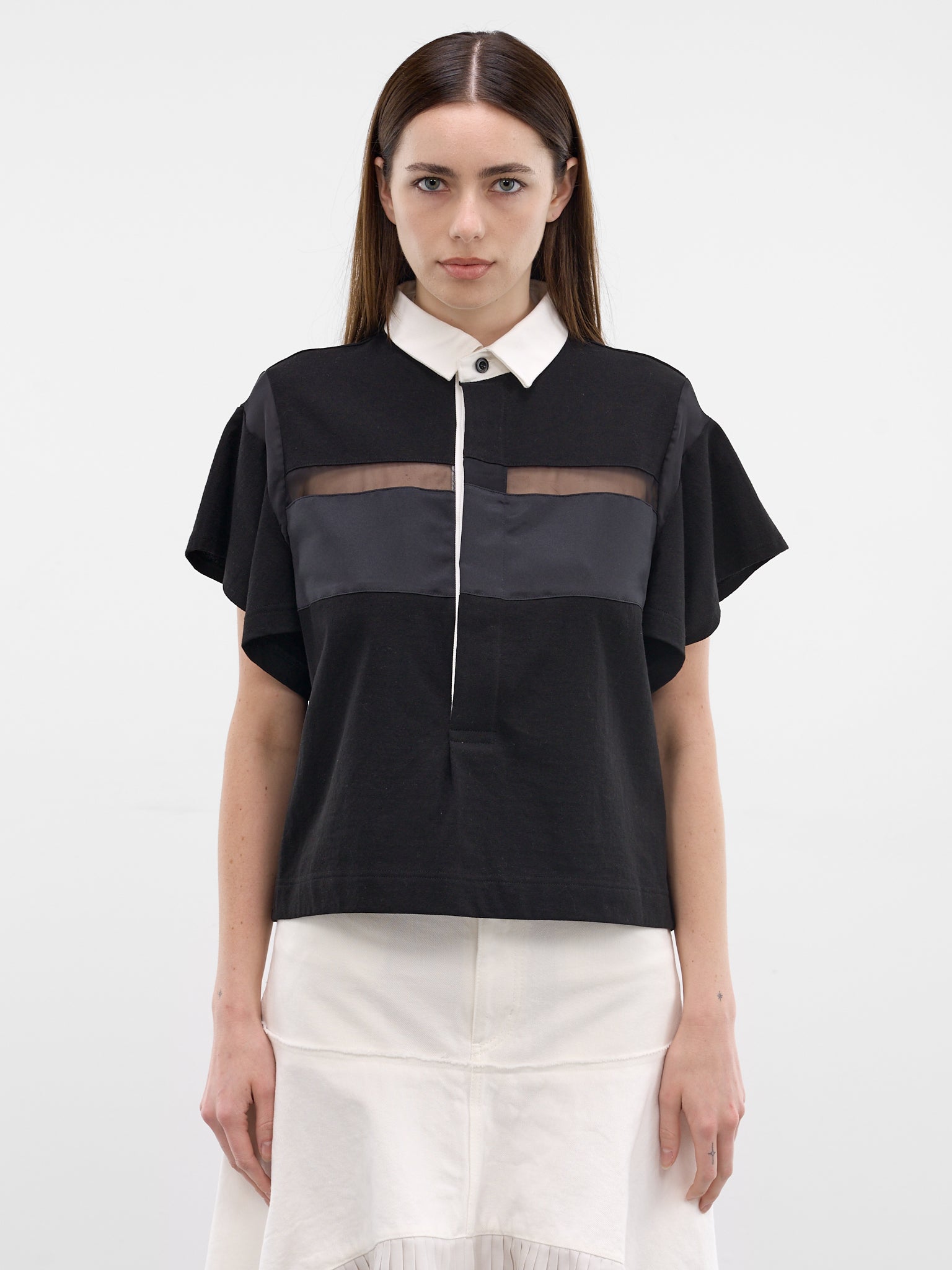 Black Sheer Paneled Polo Shirt (26-08352-001-BLACK)