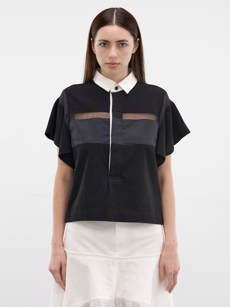 Black Sheer Paneled Polo Shirt (26-08352-001-BLACK)