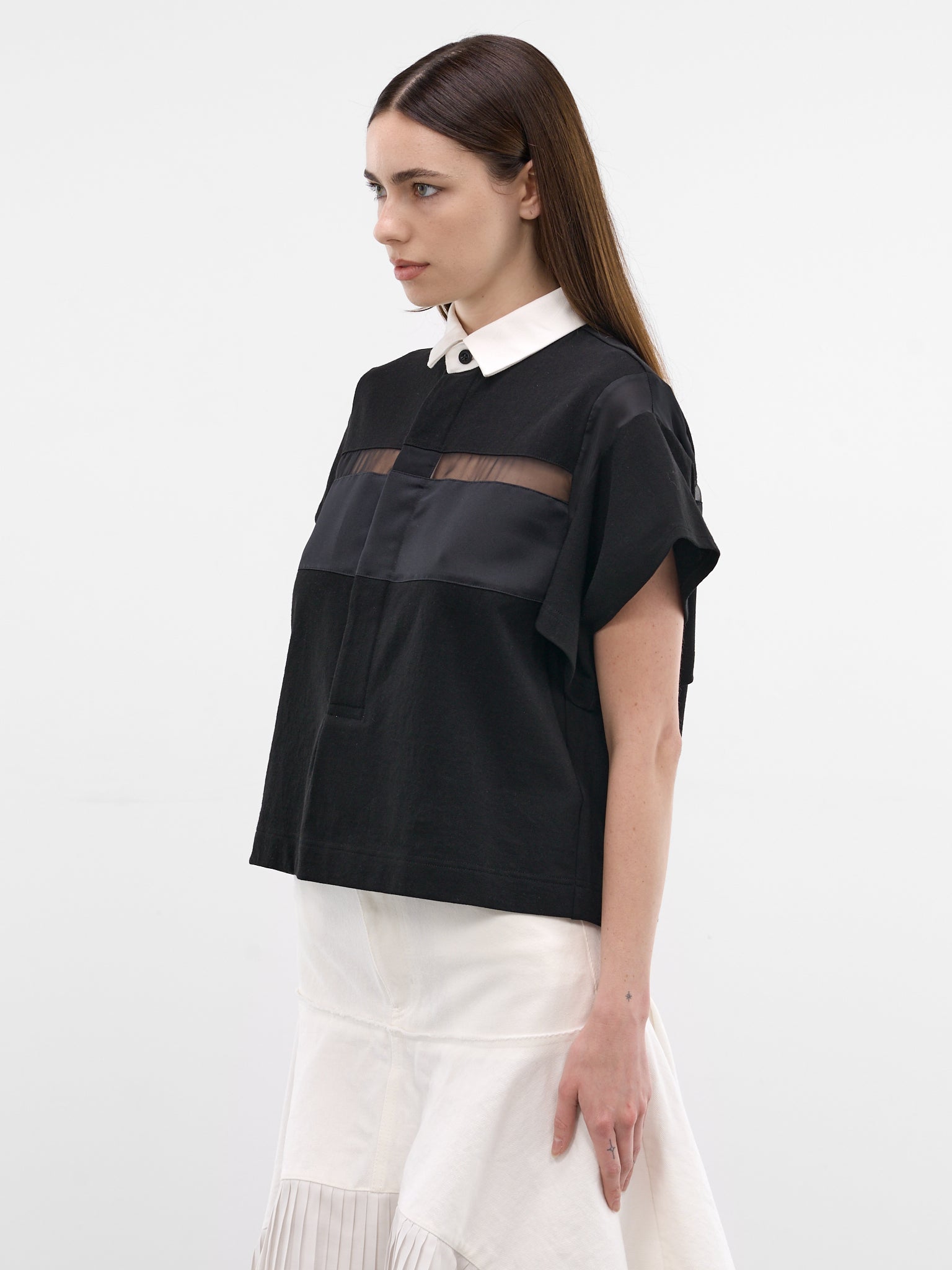 Black Sheer Paneled Polo Shirt (26-08352-001-BLACK)