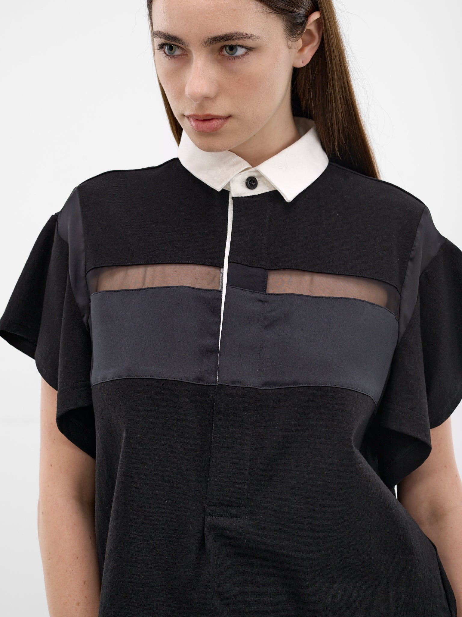 Black Sheer Paneled Polo Shirt (26-08352-001-BLACK)