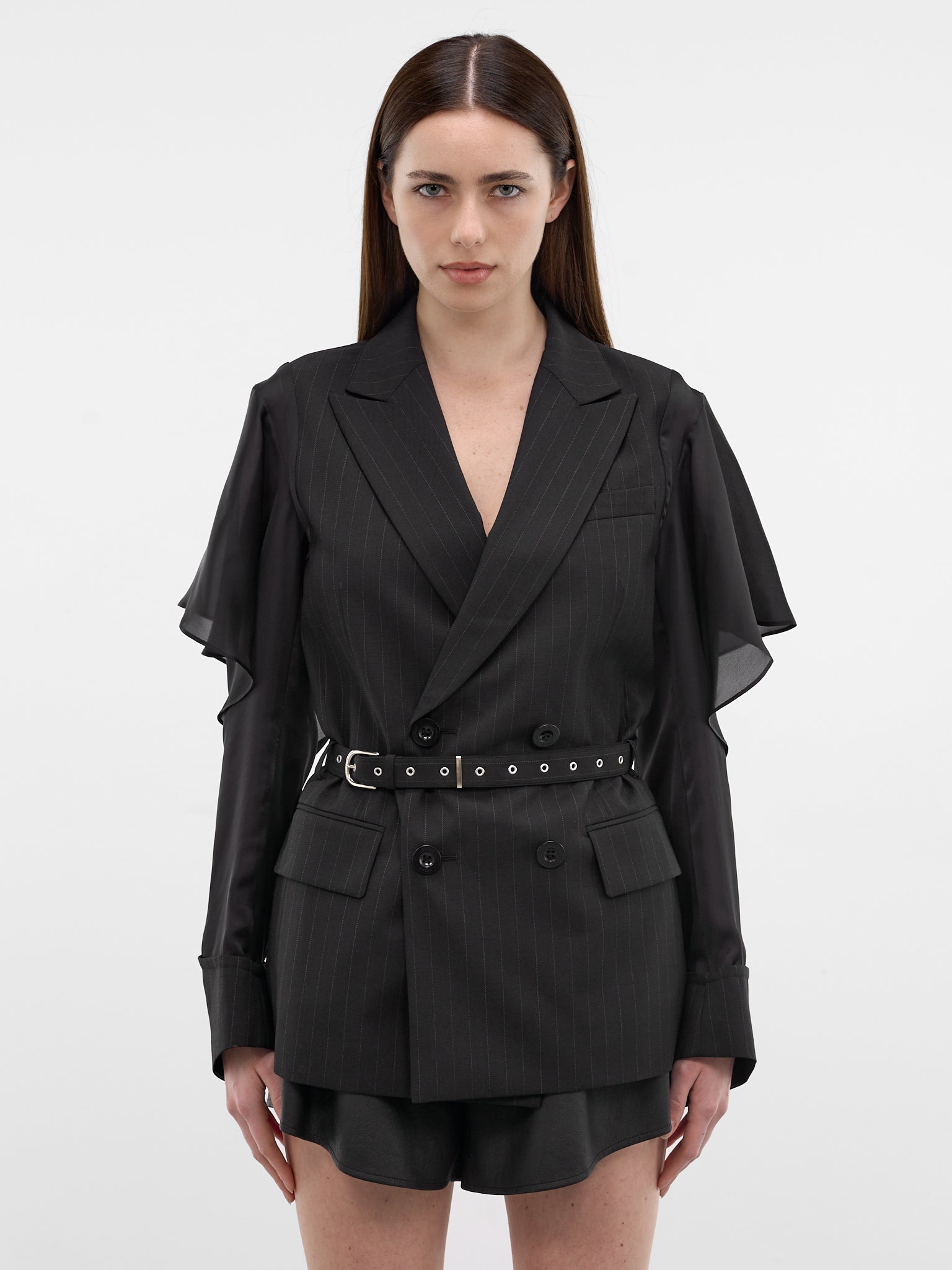 Pinstripe Hybrid Draped Sleeves Blazer (26-08355-001-BLACK)