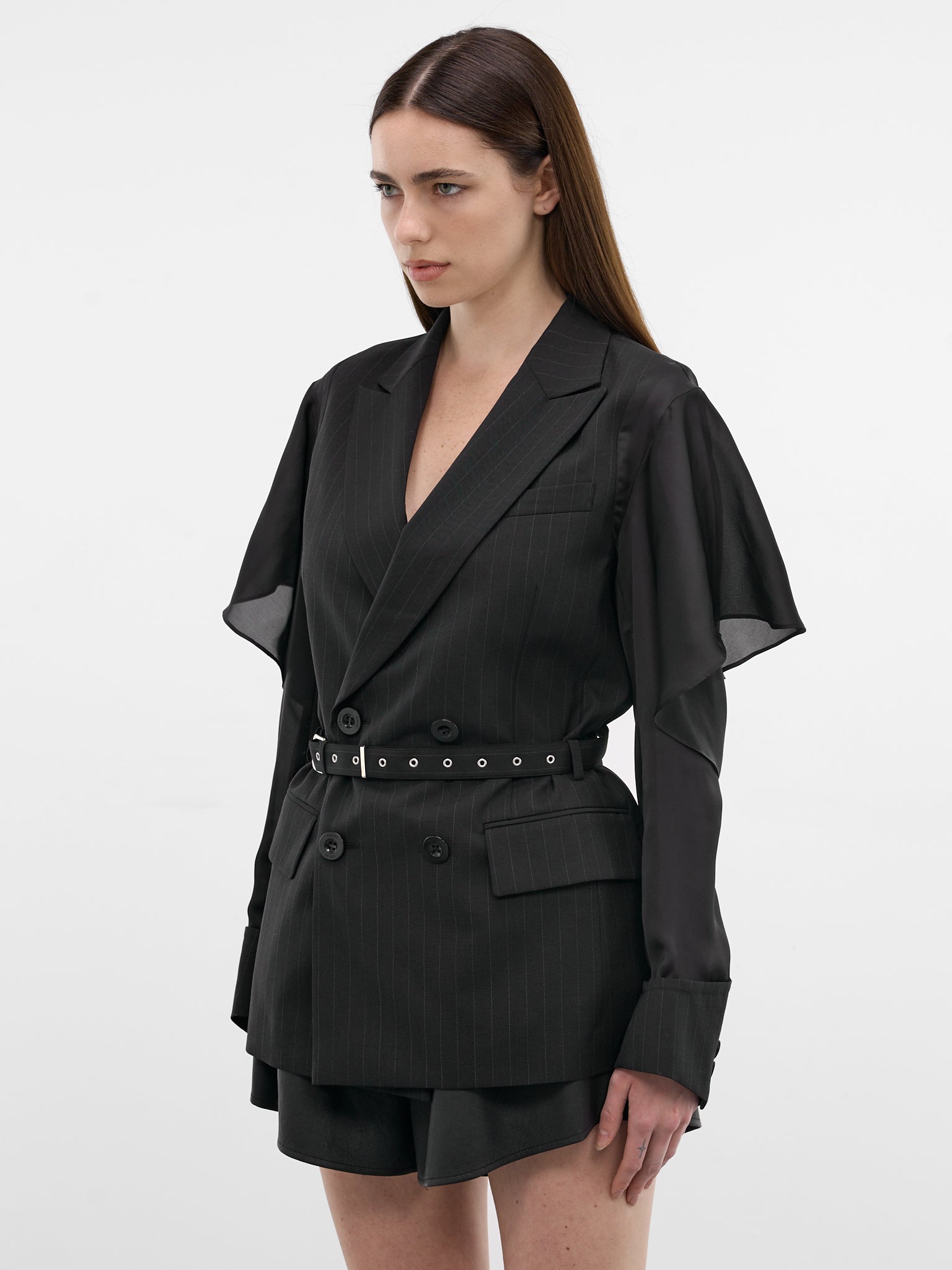 Pinstripe Hybrid Draped Sleeves Blazer (26-08355-001-BLACK)