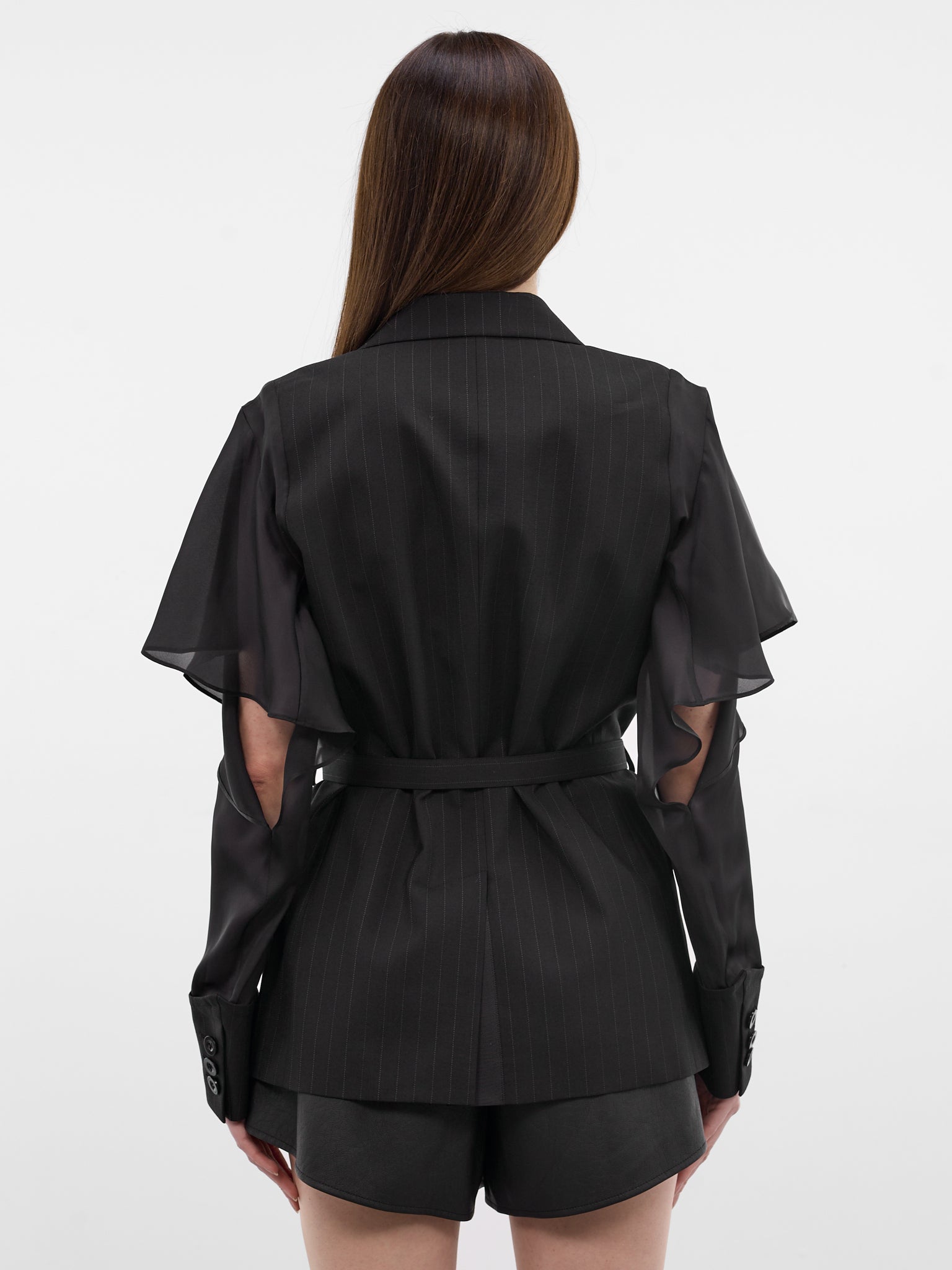Pinstripe Hybrid Draped Sleeves Blazer (26-08355-001-BLACK)