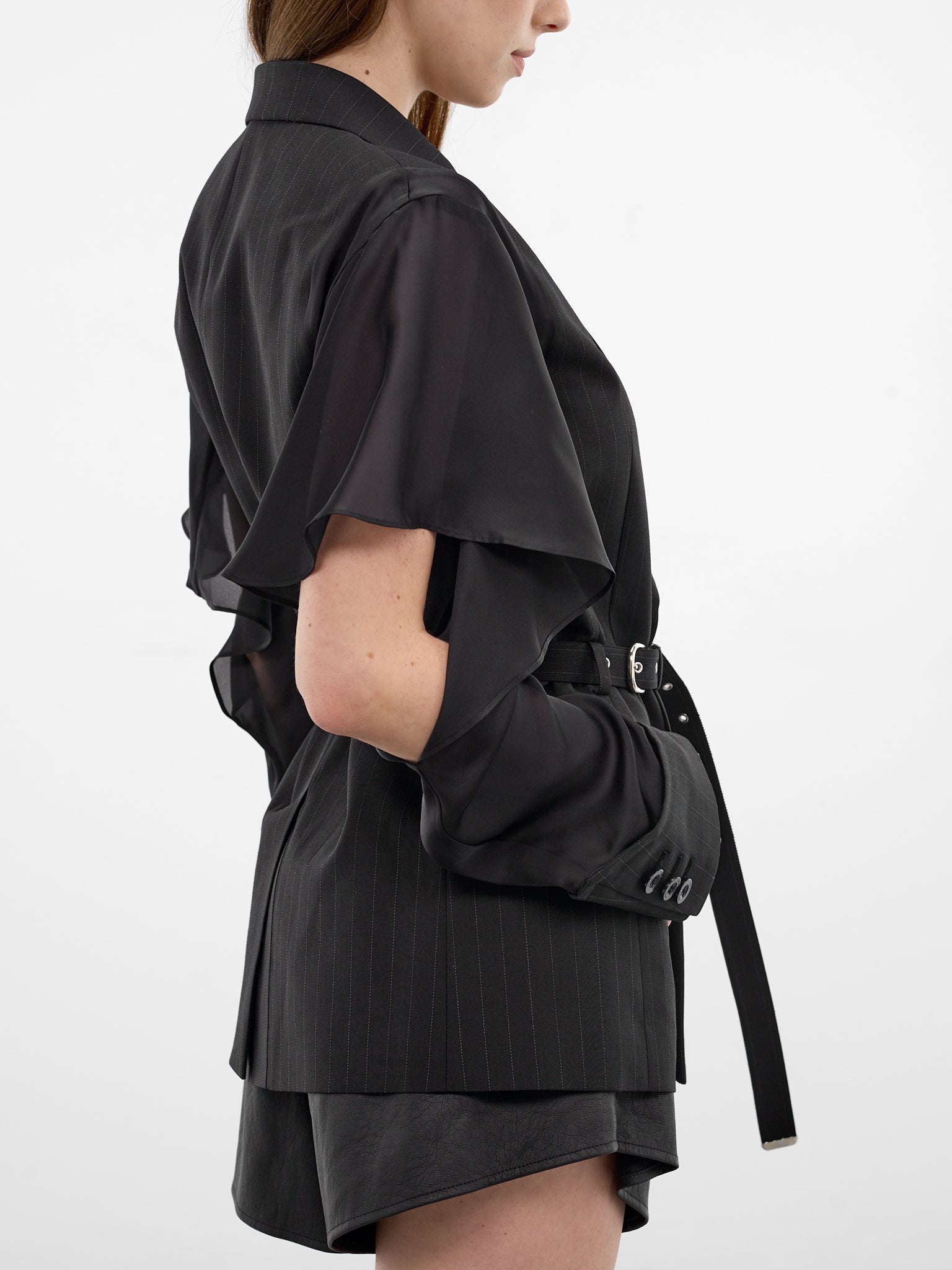 Pinstripe Hybrid Draped Sleeves Blazer (26-08355-001-BLACK)