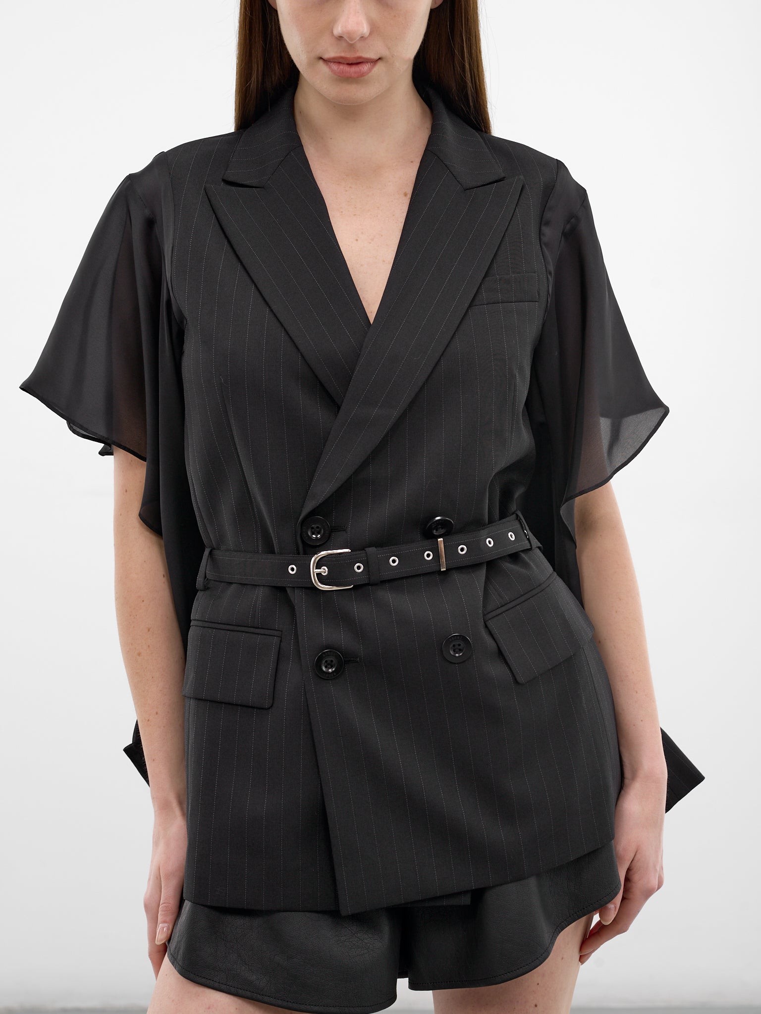 Pinstripe Hybrid Draped Sleeves Blazer (26-08355-001-BLACK)