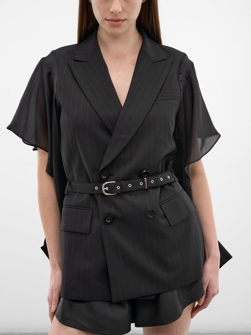 Pinstripe Hybrid Draped Sleeves Blazer (26-08355-001-BLACK)