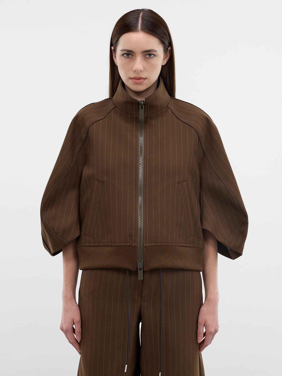 Brown Pinstripe Matelassé Boxy Jacket (26-08366-818-BROWN-STRIPE)