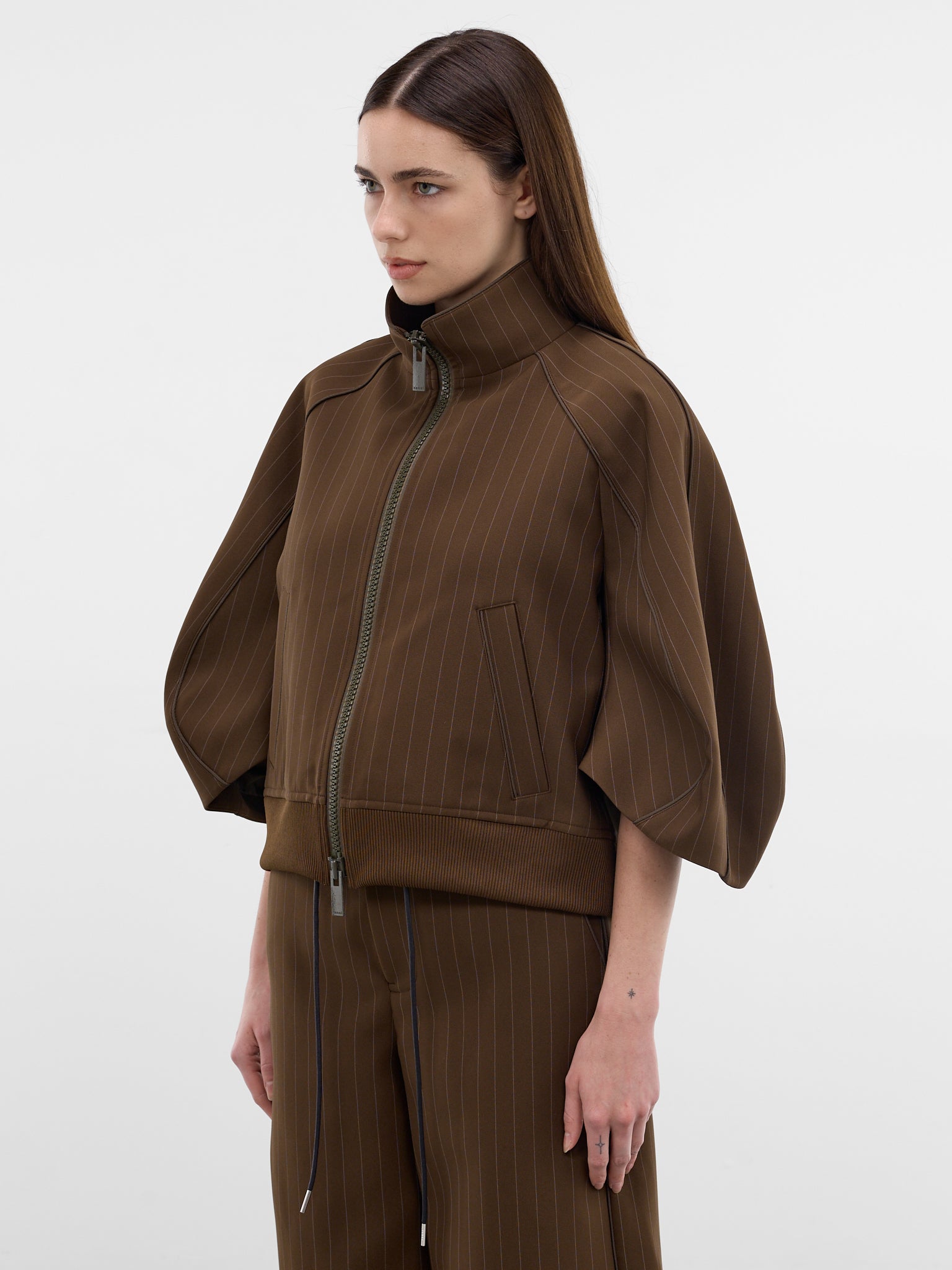 Brown Pinstripe Matelassé Boxy Jacket (26-08366-818-BROWN-STRIPE)