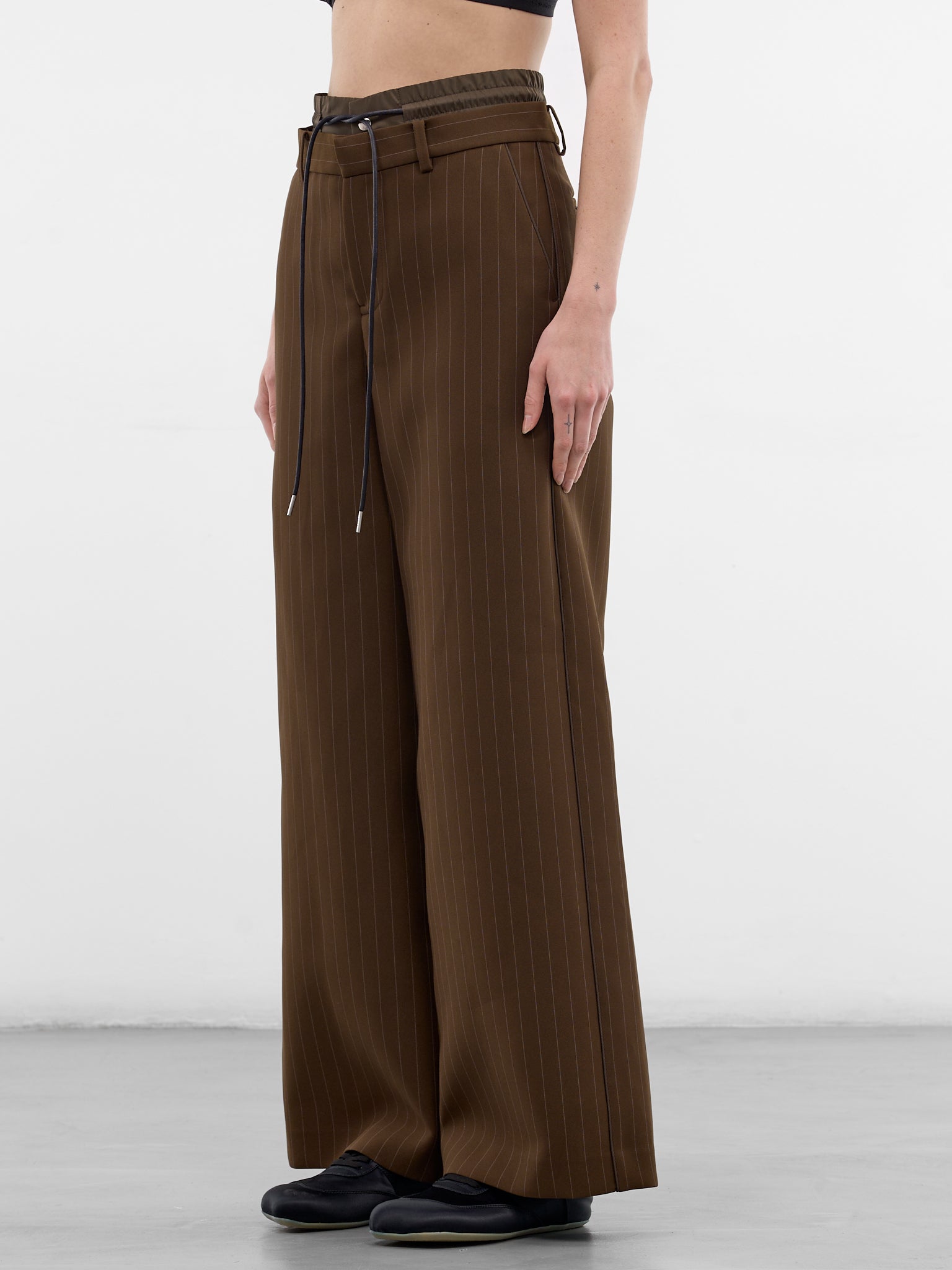 Brown Pinstripe Matelassé Layered Pants (26-08370-818-BROWN-STRIPE)