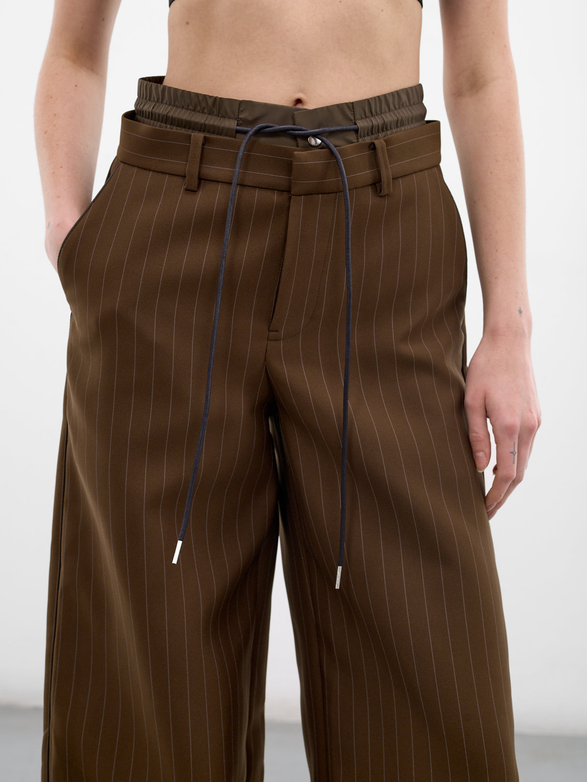 Brown Pinstripe Matelassé Layered Pants (26-08370-818-BROWN-STRIPE)