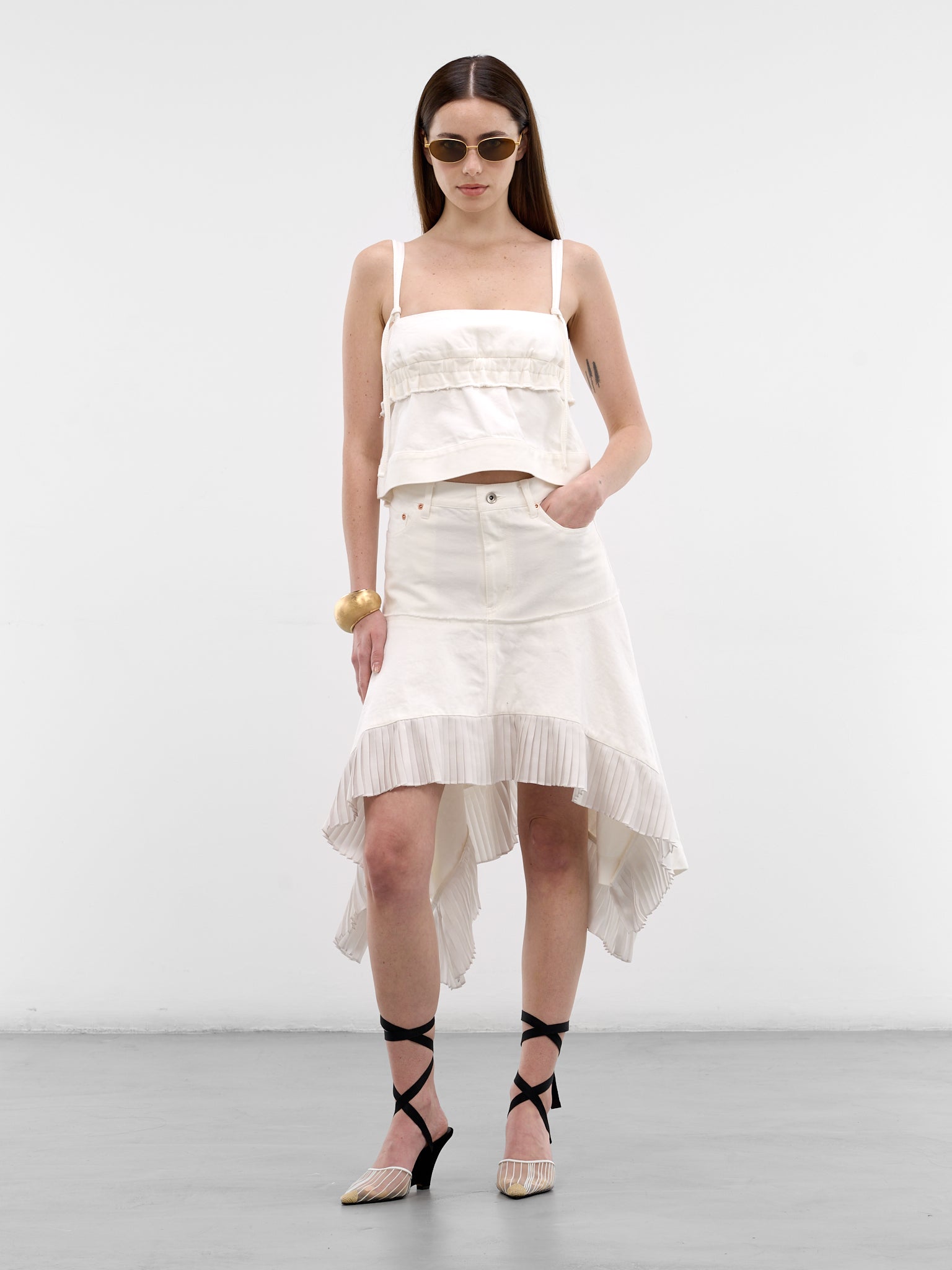 White Hybrid Denim Satin Skirt (26-08315-151-OFF-WHITE)