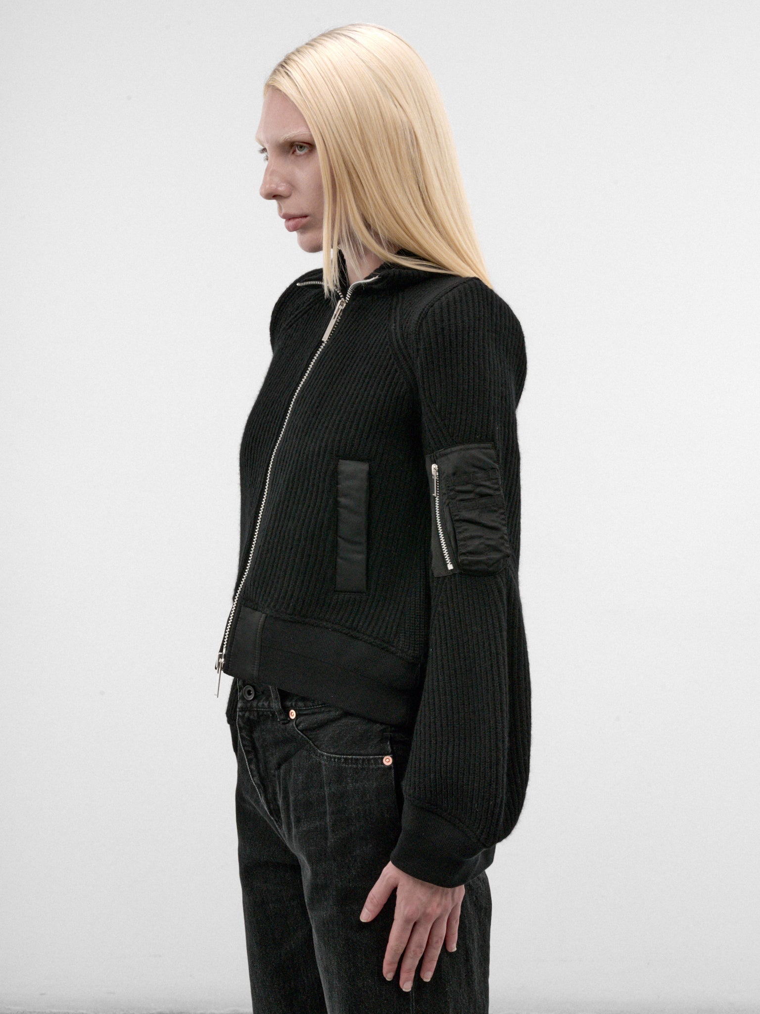 Black Nylon & Wool Zip Blouson (26-08585-1-BLACK)