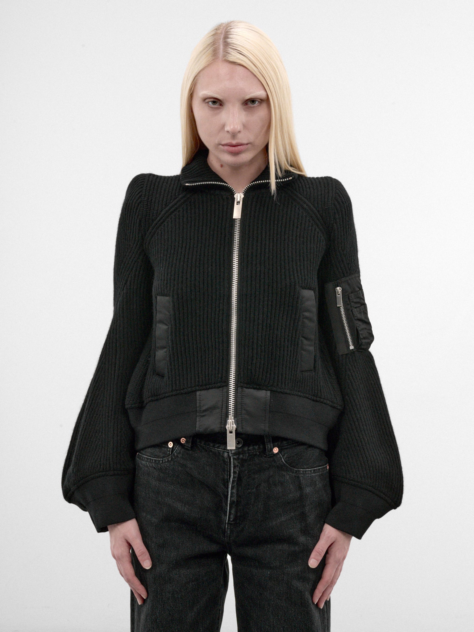Black Nylon & Wool Zip Blouson (26-08585-1-BLACK)