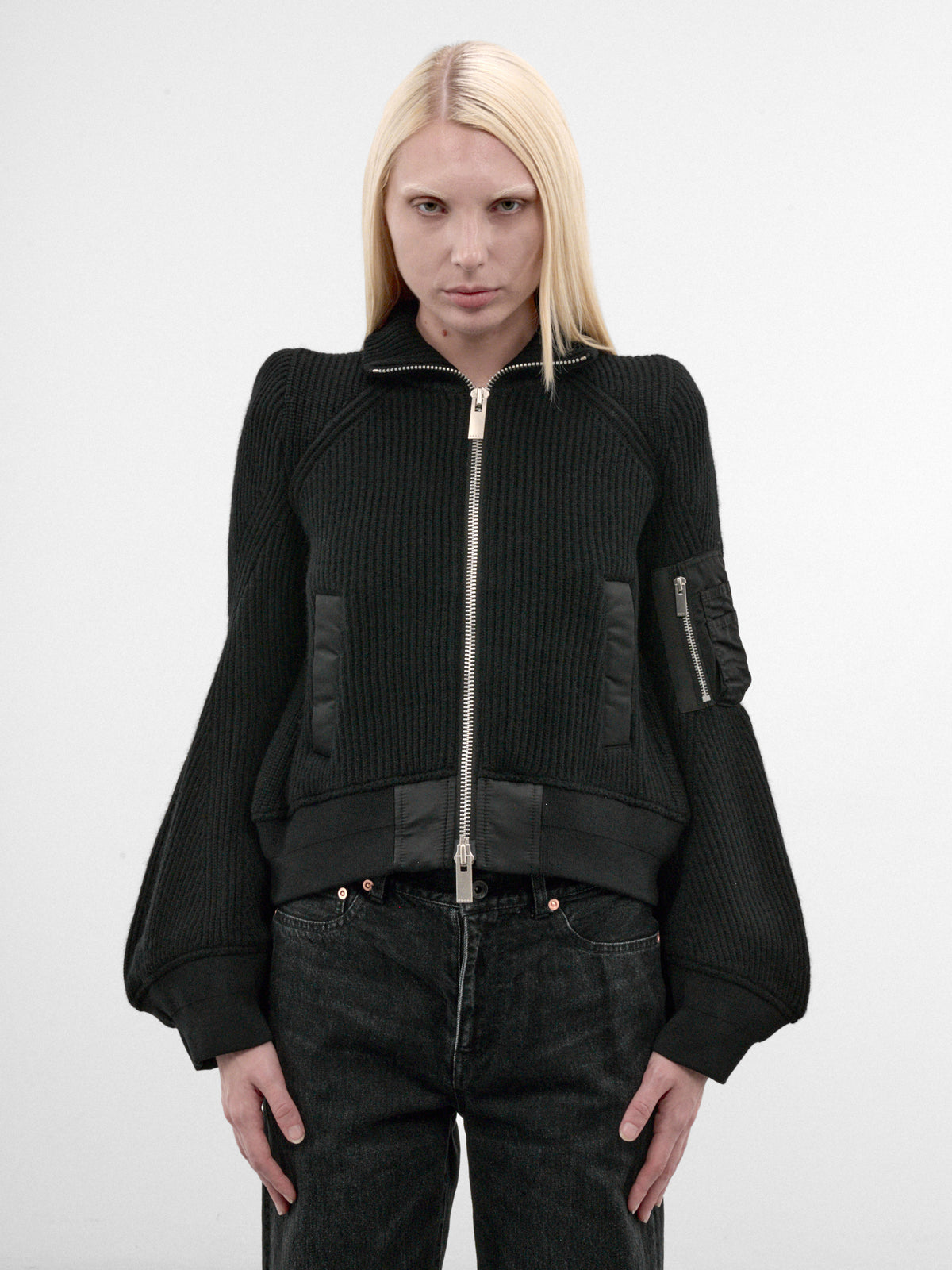 Black Nylon & Wool Zip Blouson (26-08585-1-BLACK)