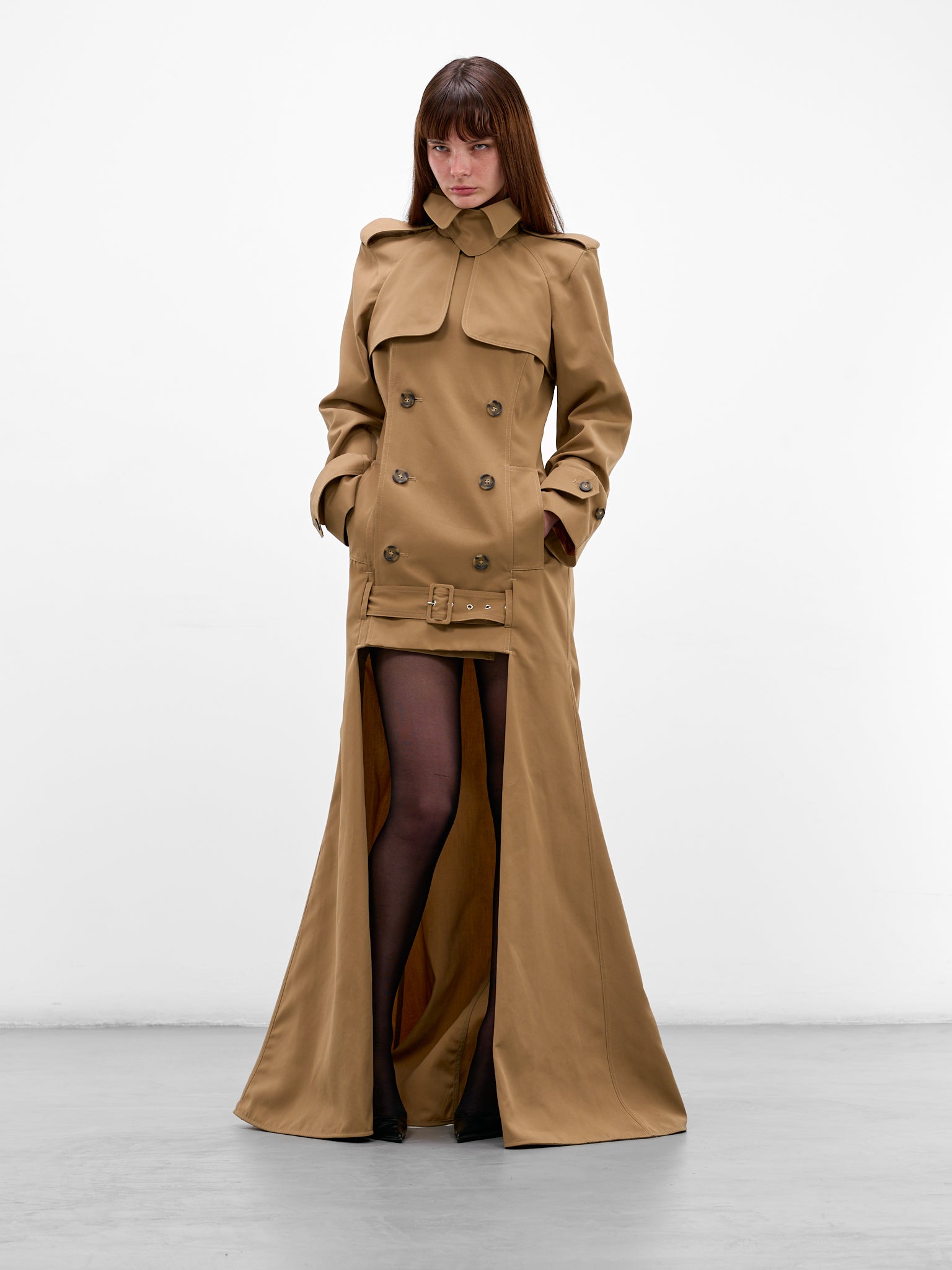 Beige Cut-Out Flared Trench Coat (26/01-W-OU025-W057-68-BEIGE)
