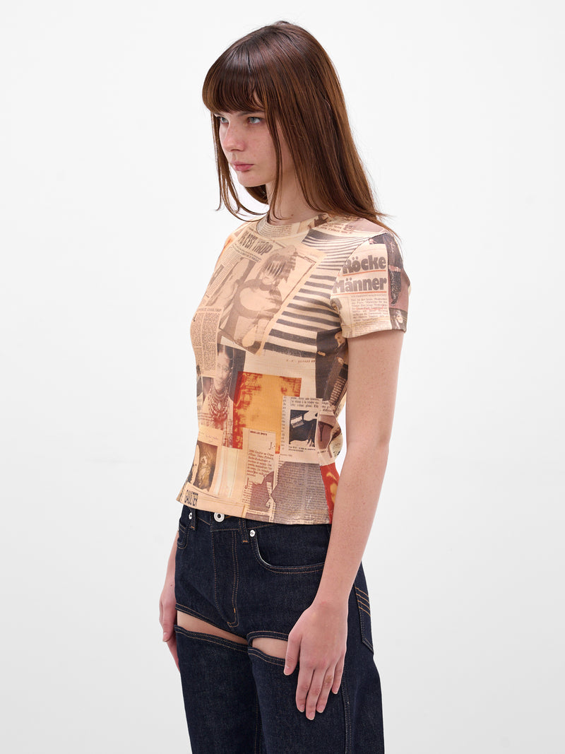 Beige Journal Print Rib-Knit Tee (26/01-W-TO400-J026P-ECRU-LIGH-)