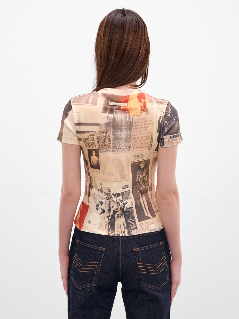 Beige Journal Print Rib-Knit Tee (26/01-W-TO400-J026P-ECRU-LIGH-)